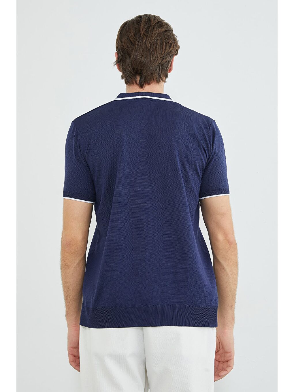 Lacivert Çizgili Yarım Fermuarlı Polo Yaka Triko Tişört-4