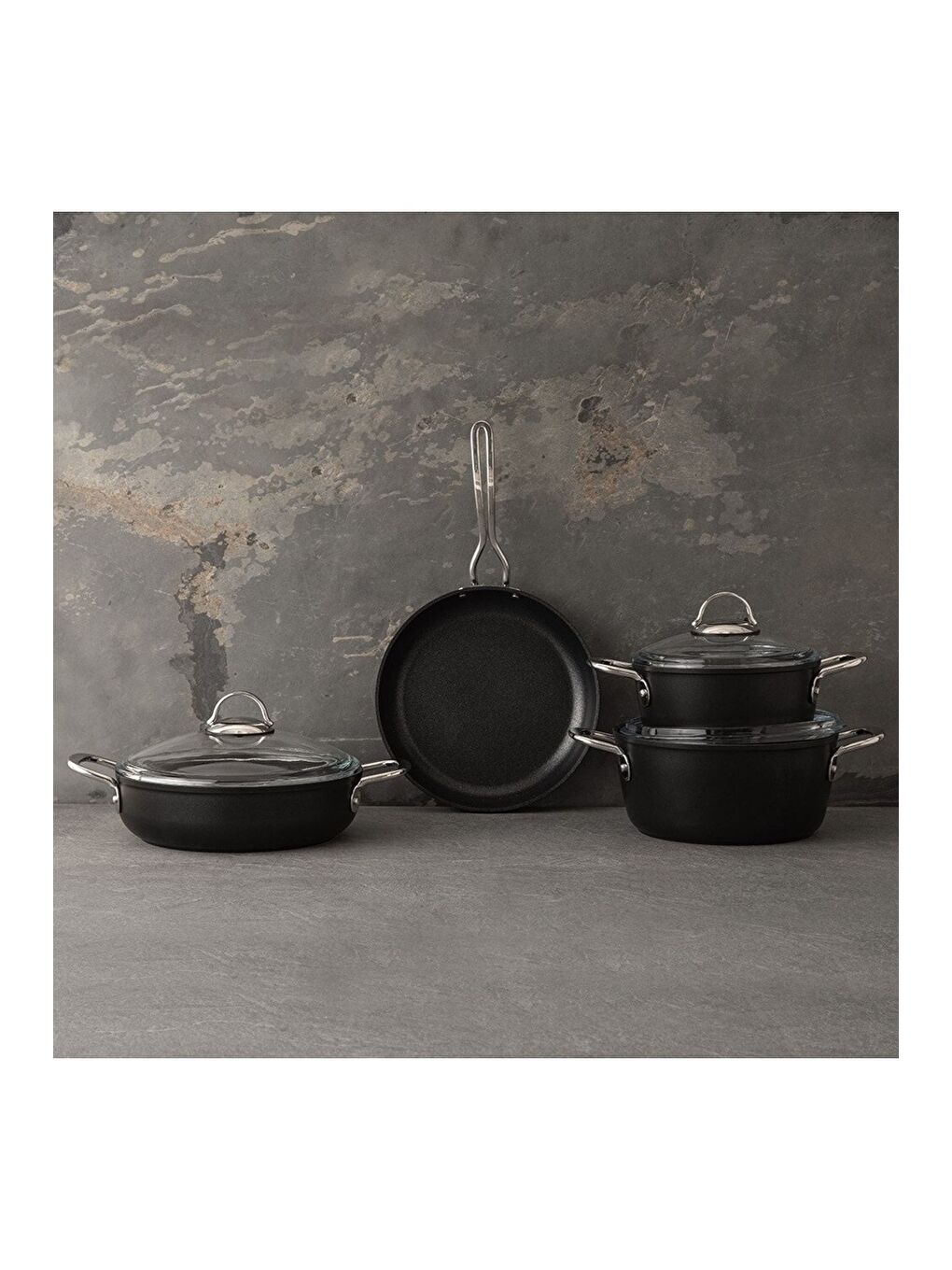 Gri Galaxy Titanyum 7 Parça Tencere Tava Seti Siyah