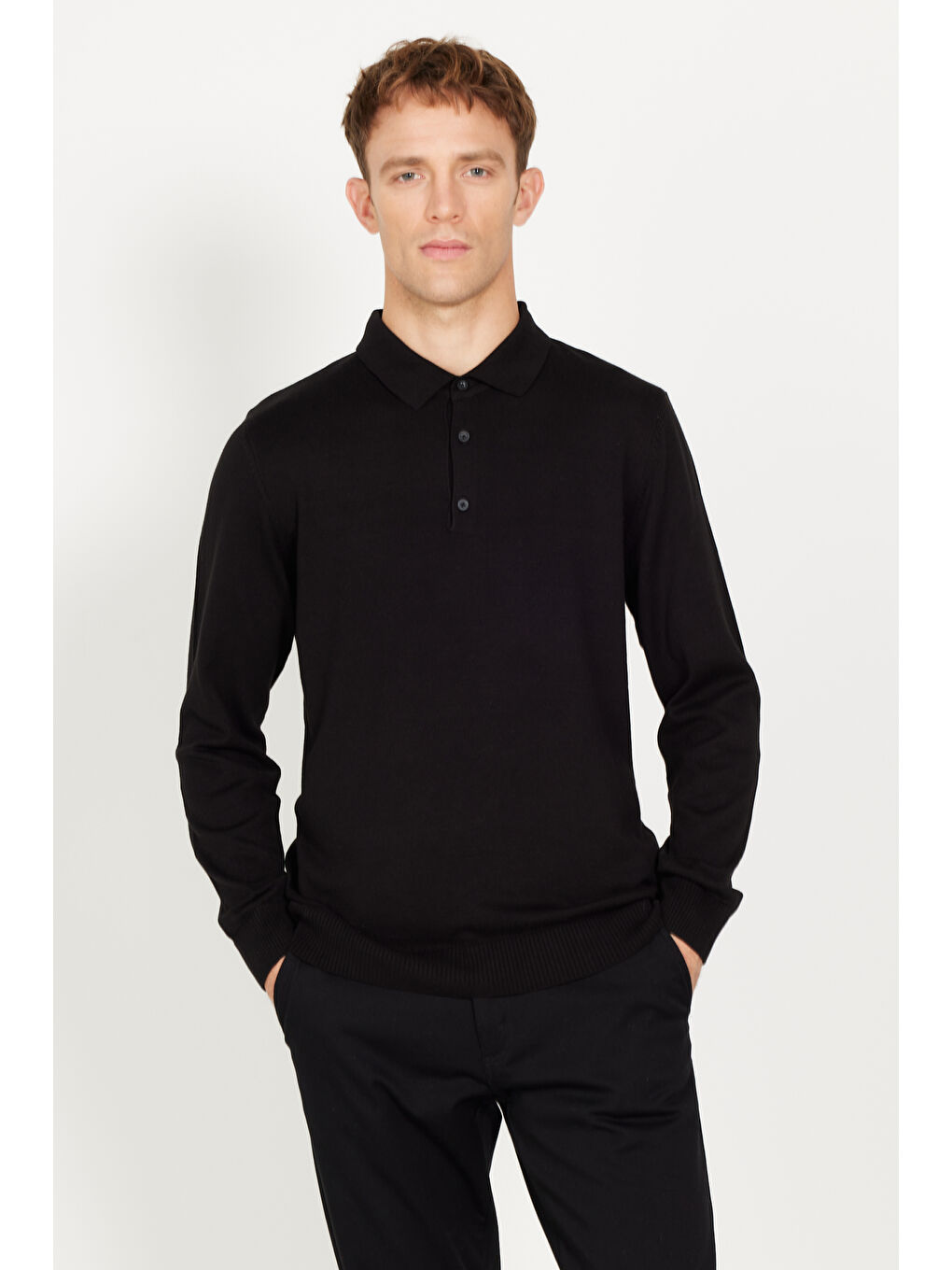 Erkek Siyah Standart Fit Normal Kesim Polo Yaka Pamuklu Triko Kazak-2