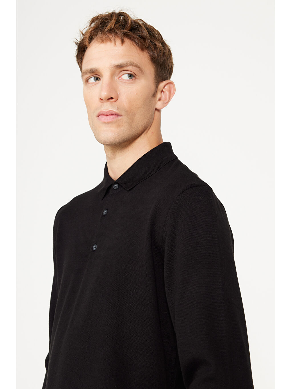 Erkek Siyah Standart Fit Normal Kesim Polo Yaka Pamuklu Triko Kazak-3