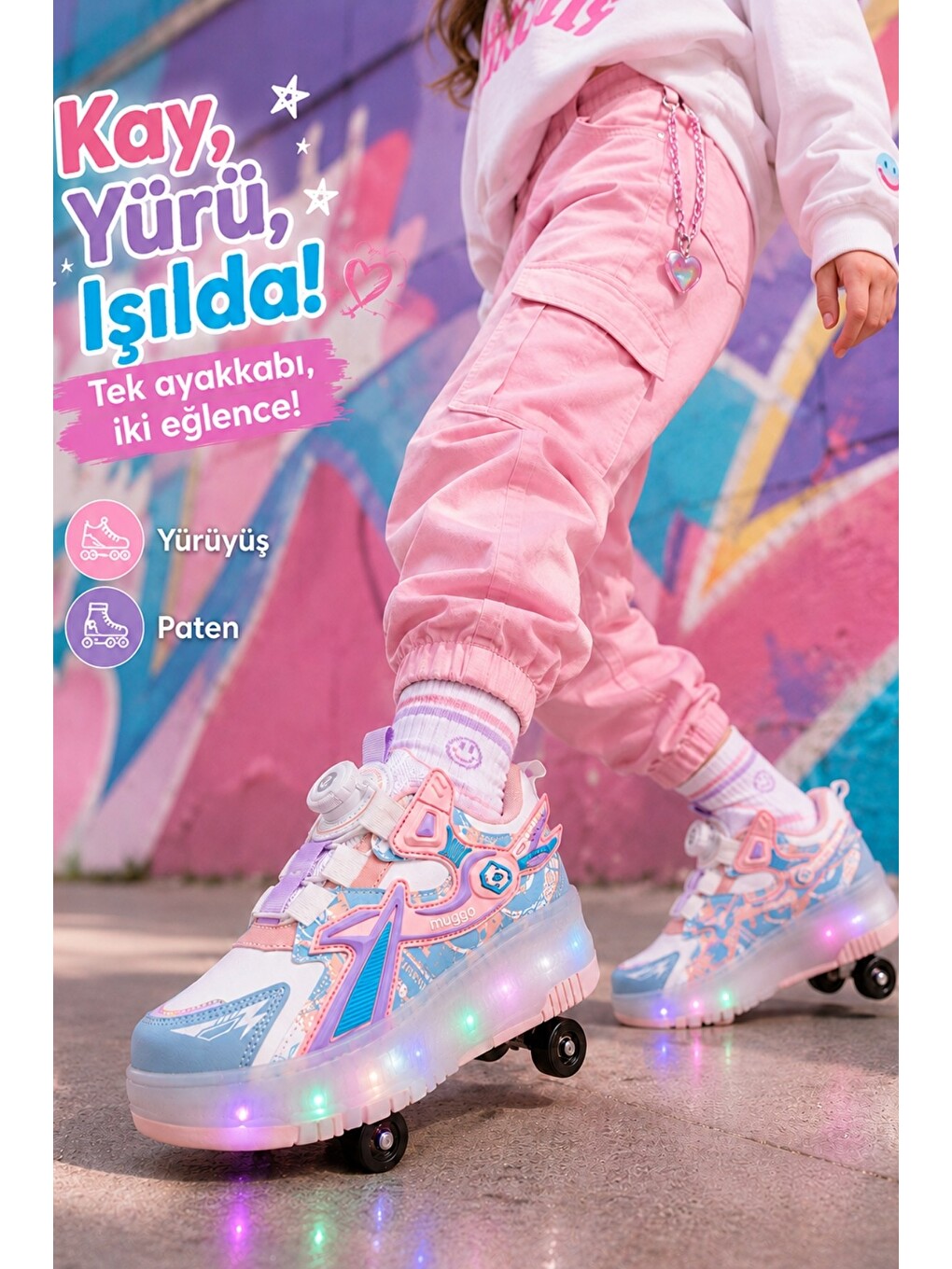 Pembe PATO Çocuk Işıklı Patenli Tekerlekli Sneaker Spor Ayakkabı-1