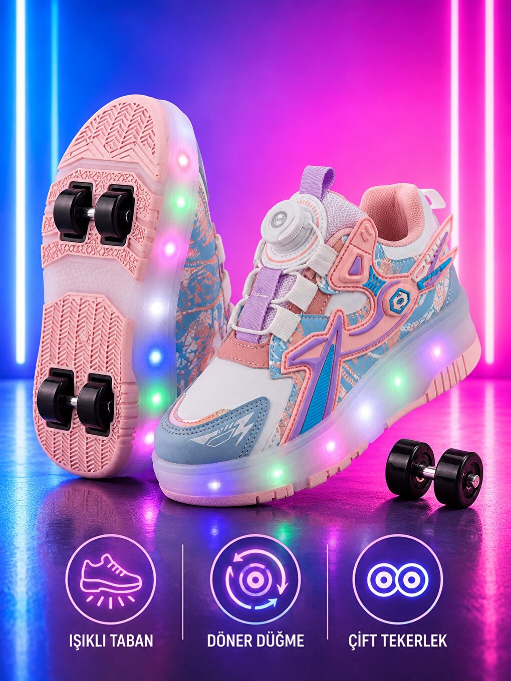Pembe PATO Çocuk Işıklı Patenli Tekerlekli Sneaker Spor Ayakkabı-4