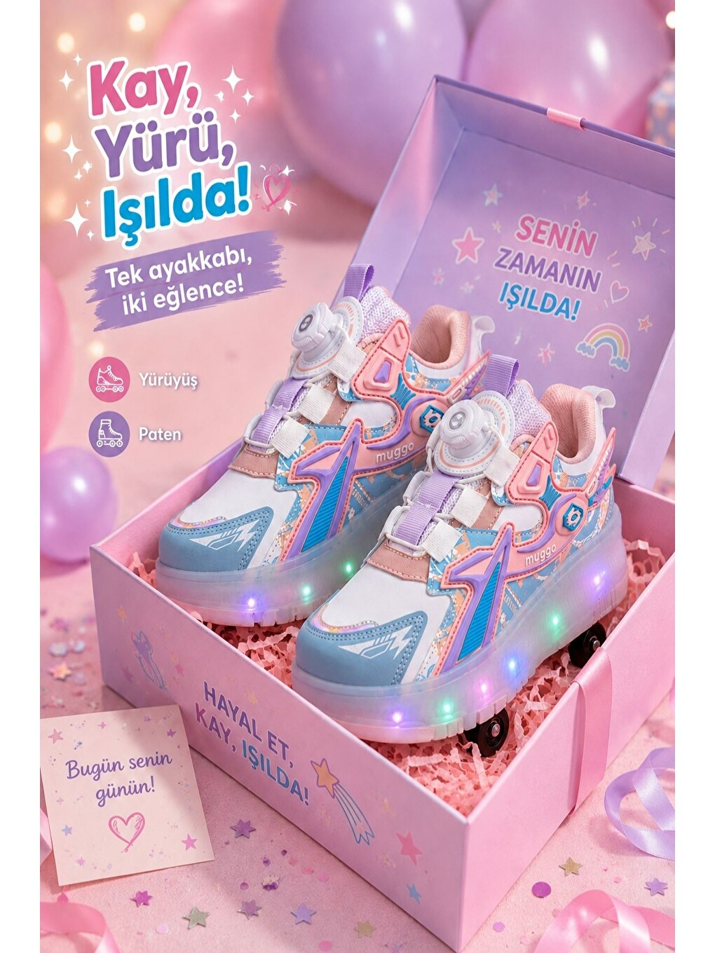 Pembe PATO Çocuk Işıklı Patenli Tekerlekli Sneaker Spor Ayakkabı-5