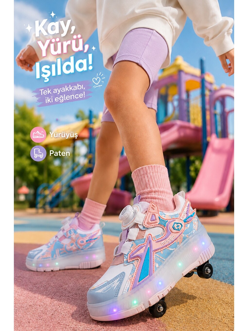 Pembe PATO Çocuk Işıklı Patenli Tekerlekli Sneaker Spor Ayakkabı-6