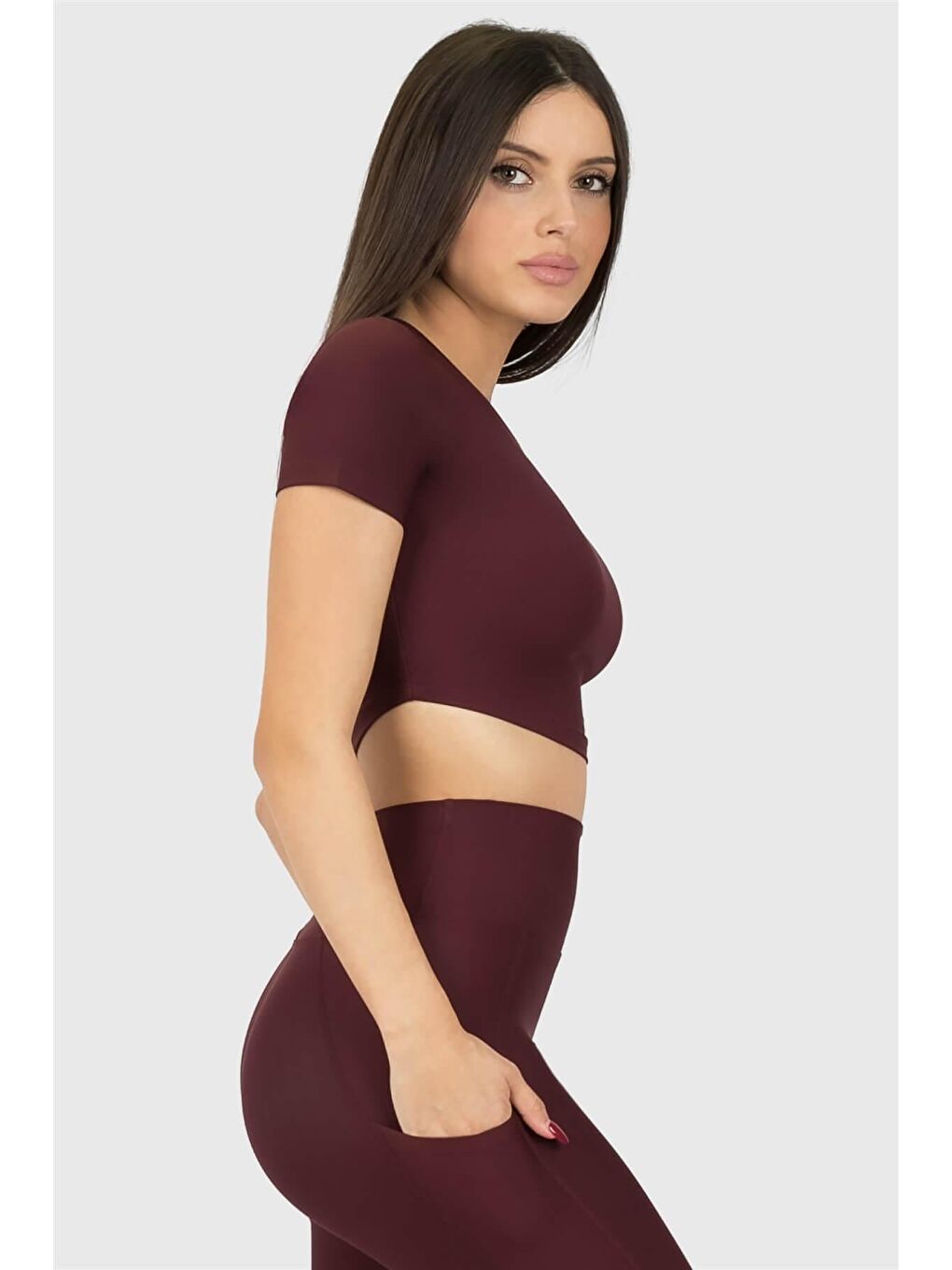 Superstacy Mürdüm Kısa Kol Spor Mürdüm Crop Top - 1