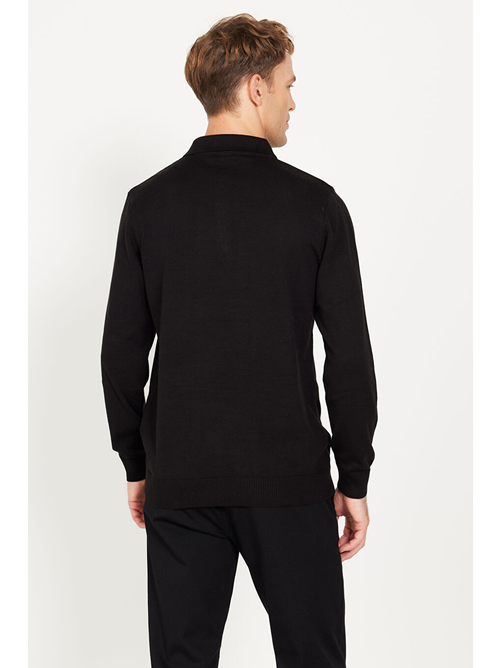 Erkek Siyah Standart Fit Normal Kesim Polo Yaka Pamuklu Triko Kazak-4