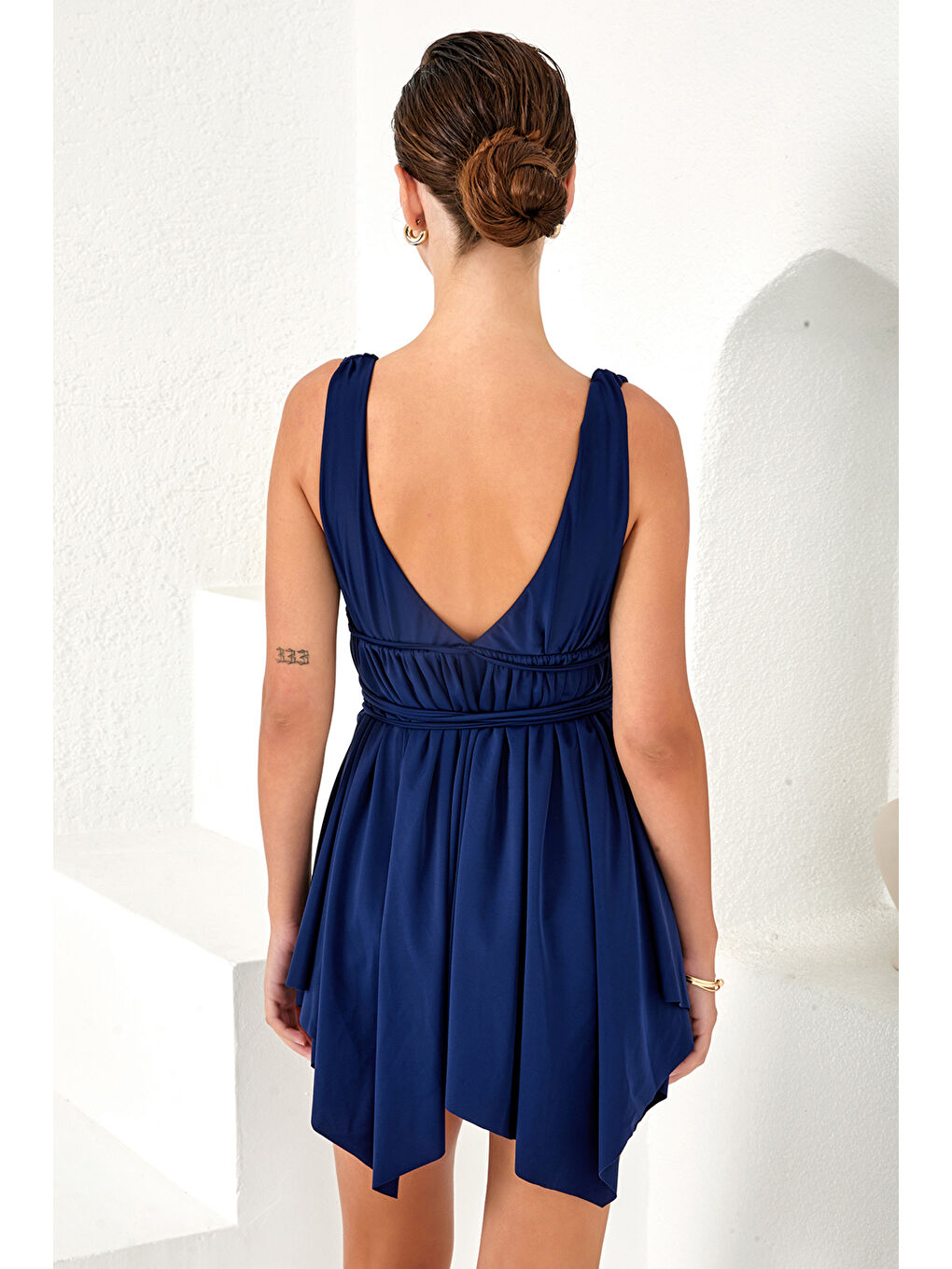 V Yaka Belden Bağlamalı Elbise Mayo Etekli Mayo Yüzücü Mayo 3580 Koyu Lacivert-2