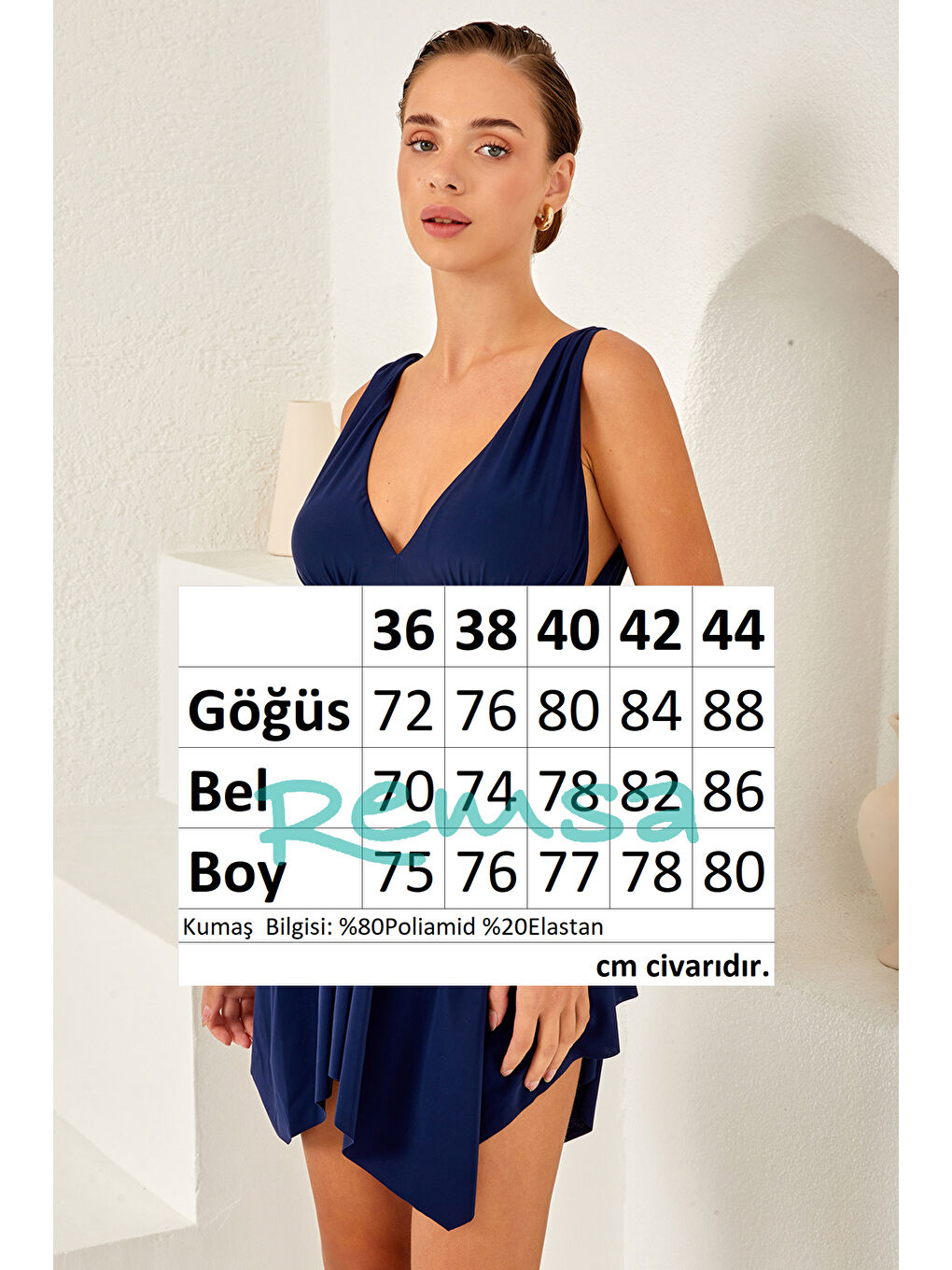 V Yaka Belden Bağlamalı Elbise Mayo Etekli Mayo Yüzücü Mayo 3580 Koyu Lacivert-3