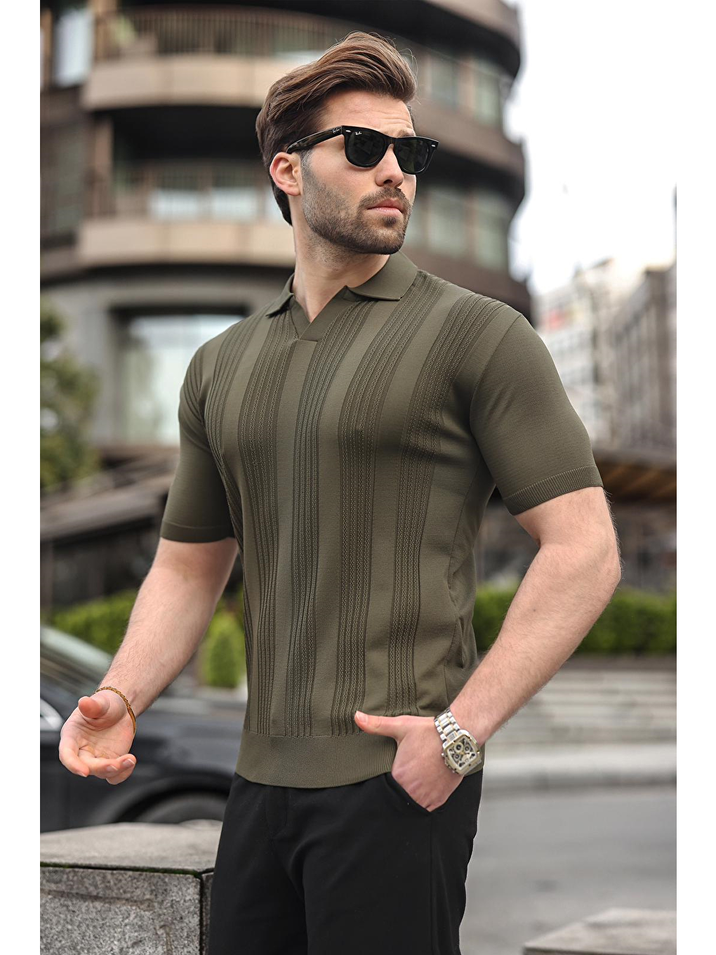 Haki Polo Yaka Triko Erkek Tişört E7469