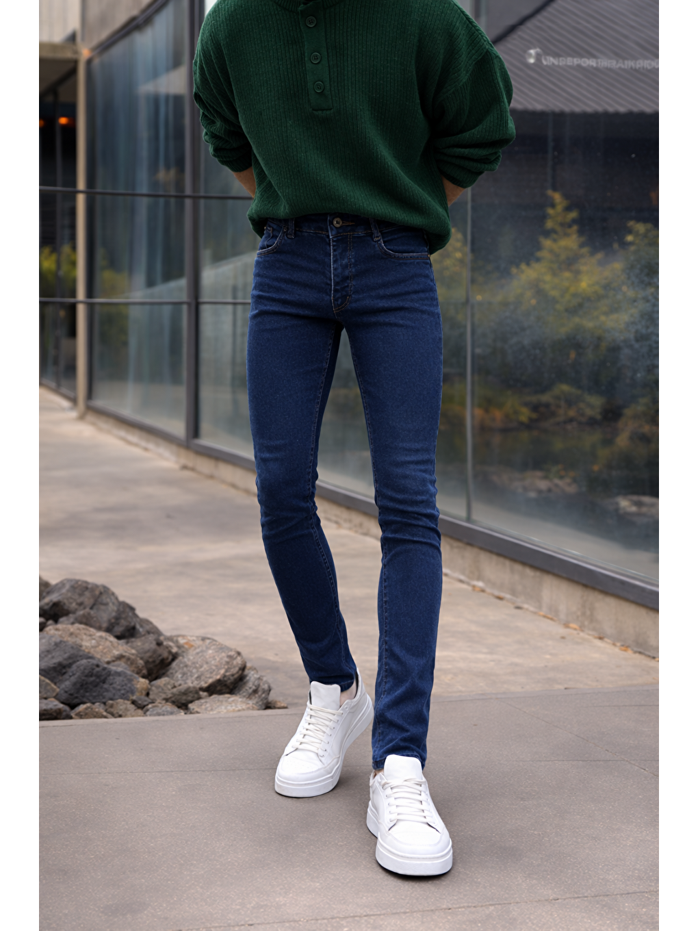 Erkek Pamuklu Basic Yüksek Bel Dar Lacivert Jean Pantolon-1
