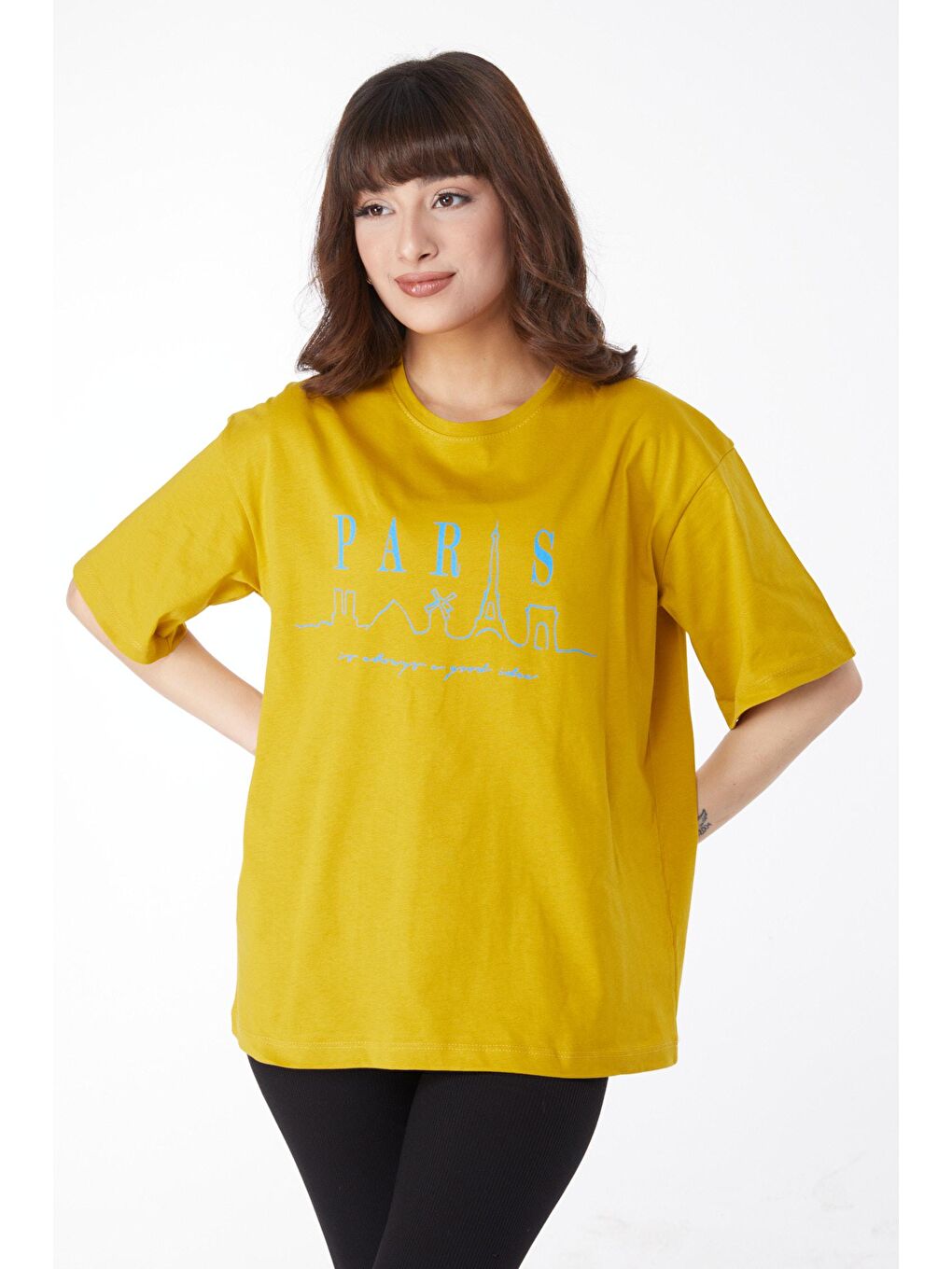 TOFİSA Yeşil Düz Bisiklet Yaka Kadın Yeşil Baskılı T-shirt - 25170