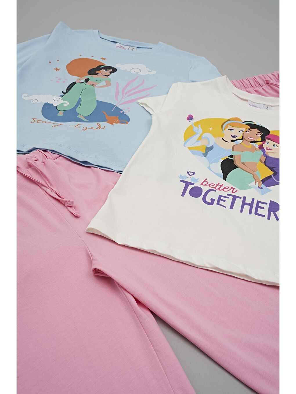 For You Kids Pudra Pembe 4'lü Disney Princess Baskılı Tshirt Şort Pantolon Takım - 3