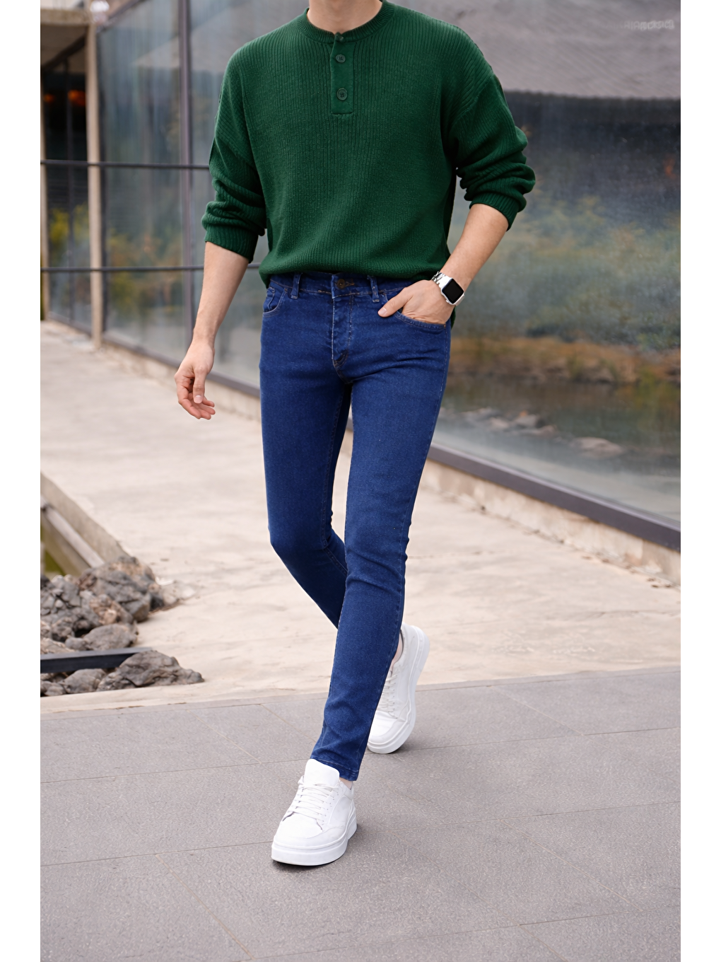 Erkek Pamuklu Basic Yüksek Bel Dar Lacivert Jean Pantolon-2