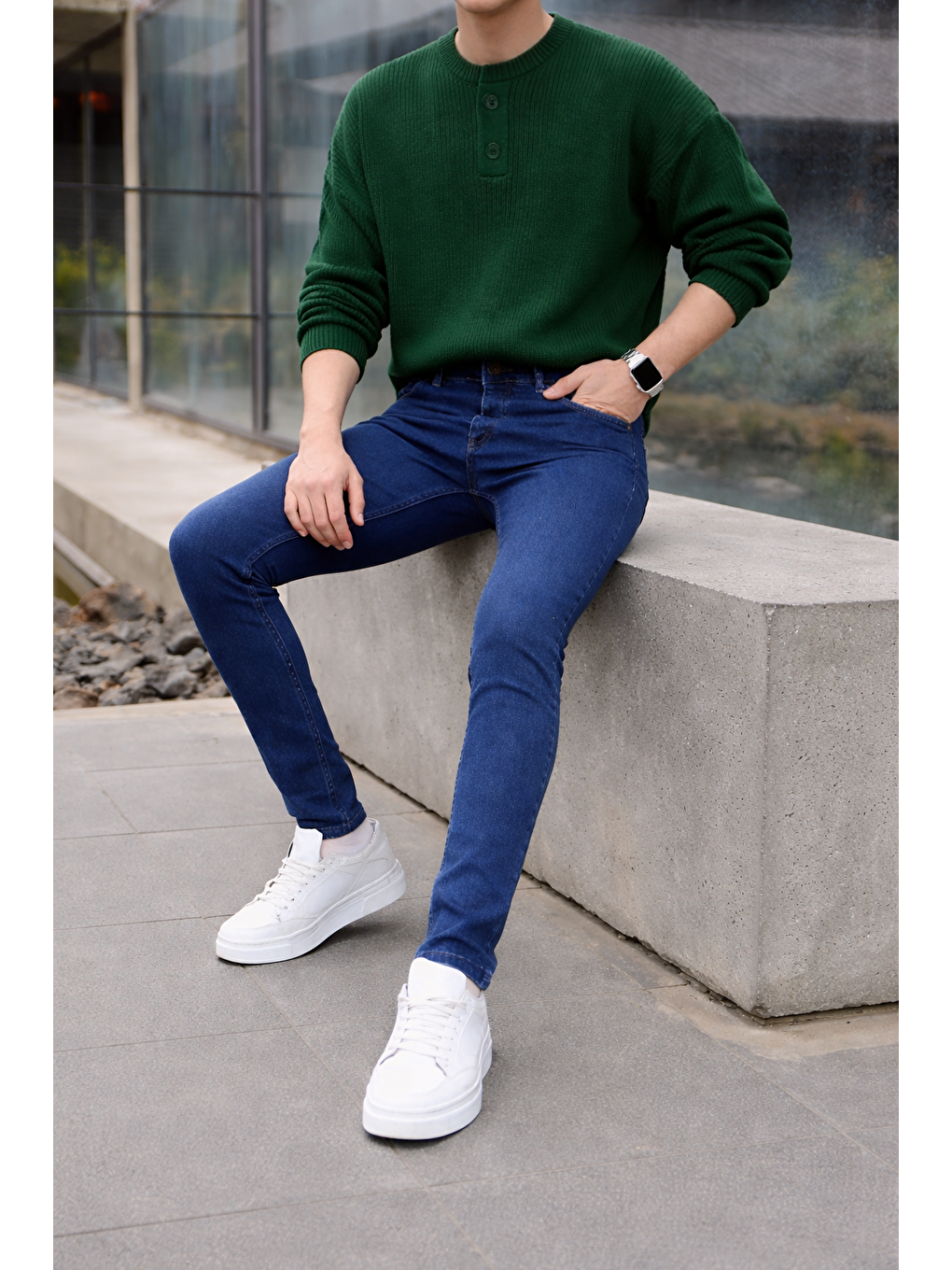 Erkek Pamuklu Basic Yüksek Bel Dar Lacivert Jean Pantolon-3