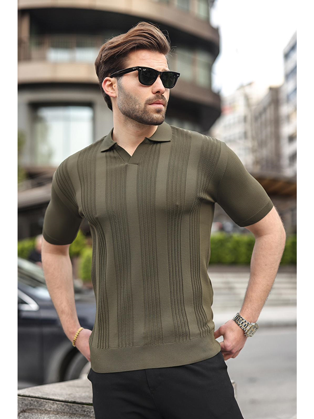 Haki Polo Yaka Triko Erkek Tişört E7469-1