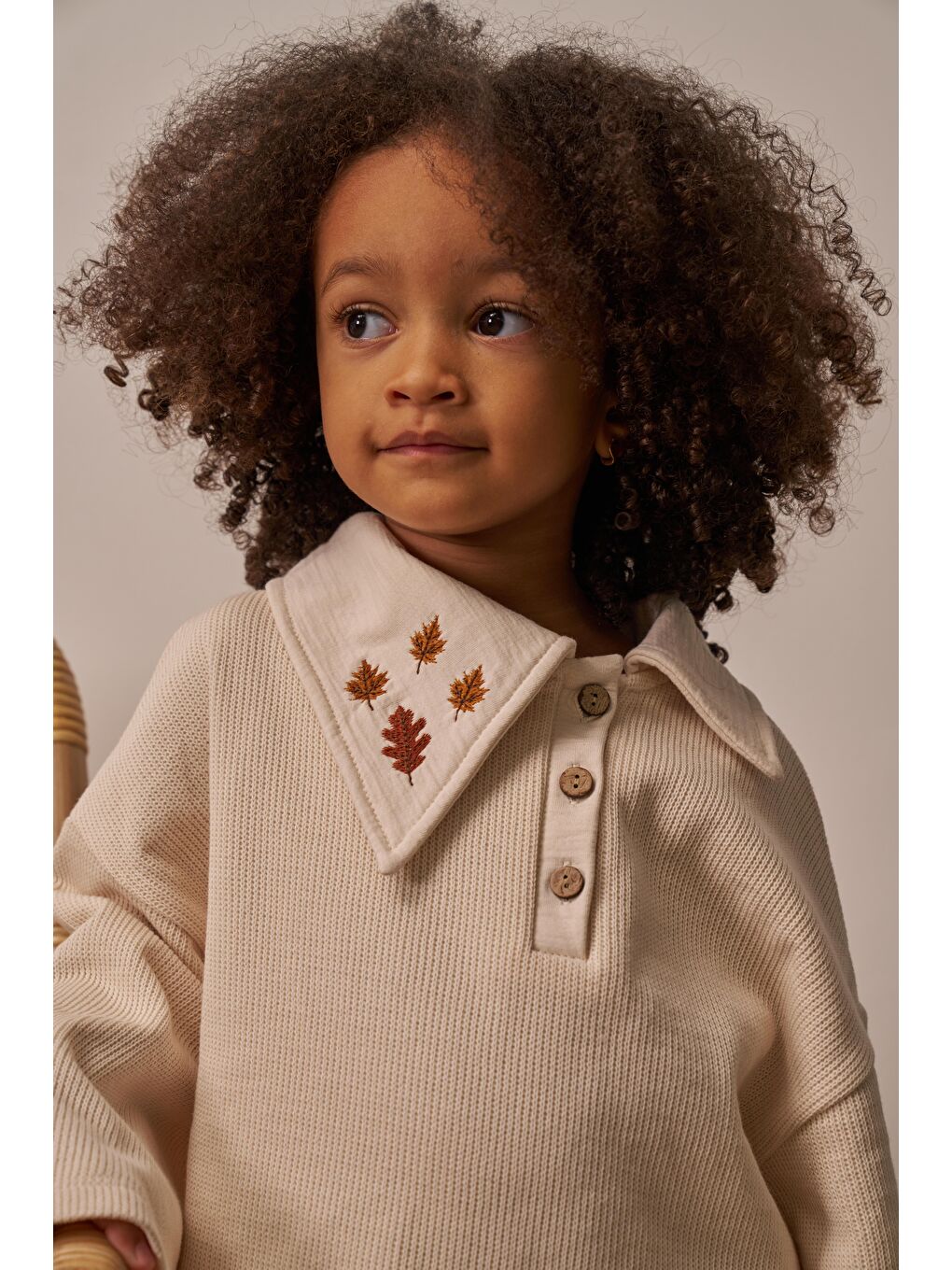Bej Sonbahar Yaprak İşlemeli Çocuk Triko Takımı-10