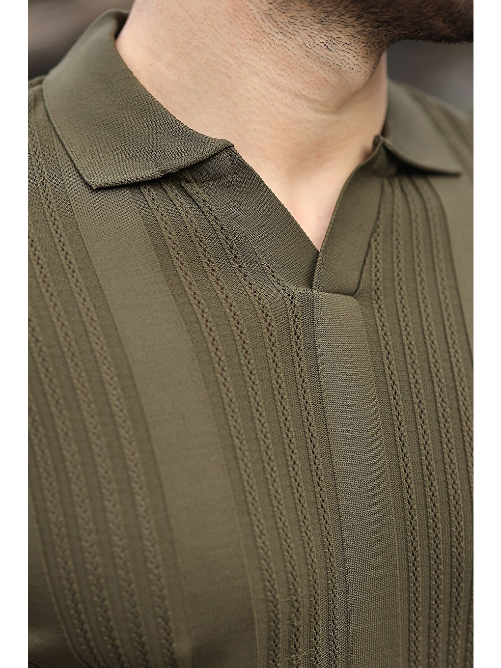 Haki Polo Yaka Triko Erkek Tişört E7469-2