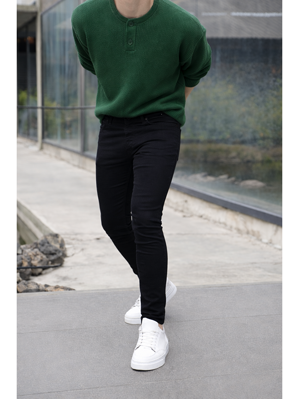 Siyah Erkek Pamuklu Basic Yüksek Bel Dar Füme Jean Pantolon-1