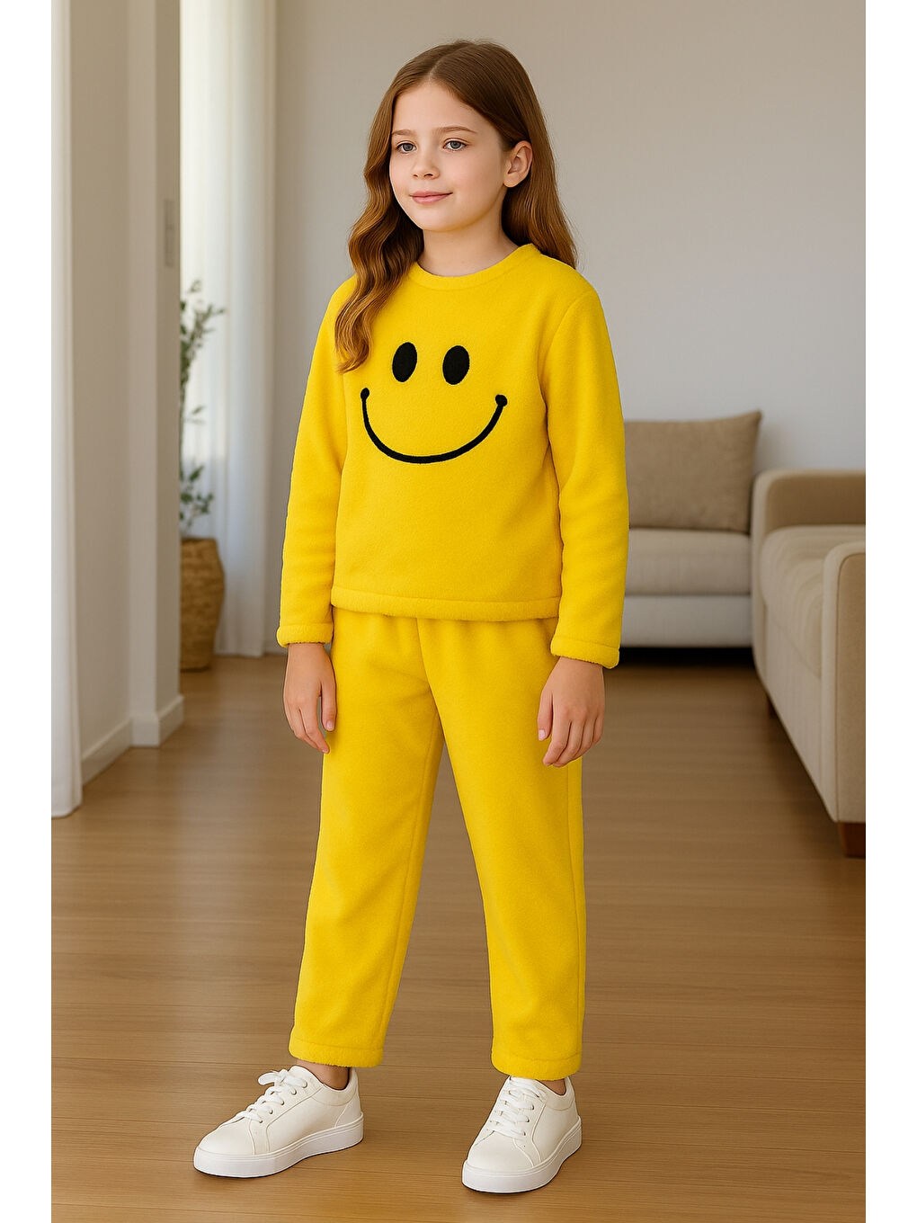 Sarı Kız - Erkek Çocuk Gülen Yüz Nakışlı Kışlık Pelüş Takım Ak4006-1