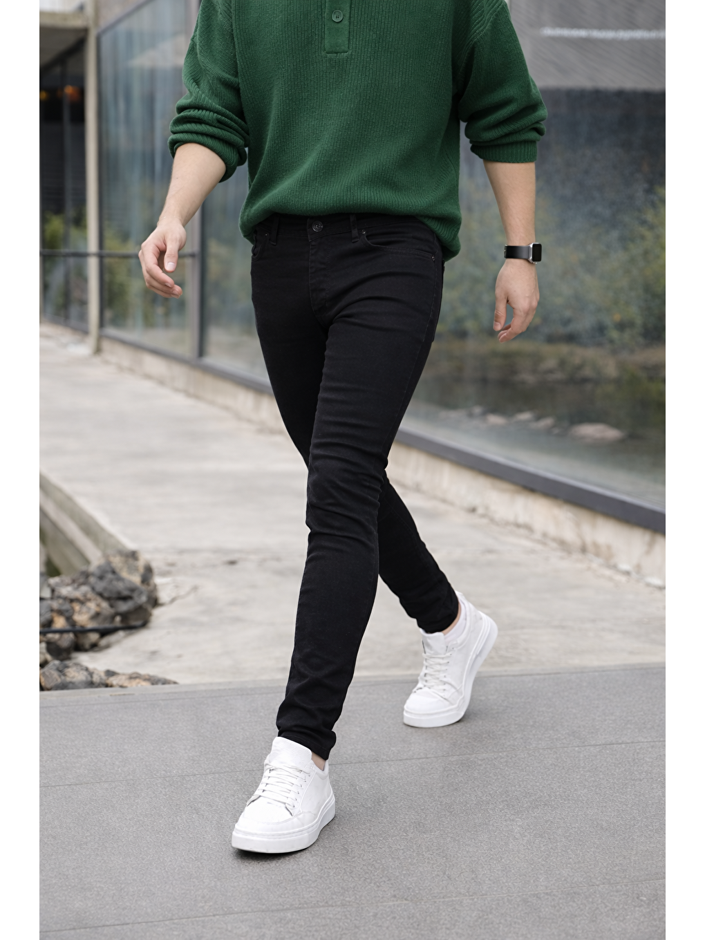 Siyah Erkek Pamuklu Basic Yüksek Bel Dar Füme Jean Pantolon-2