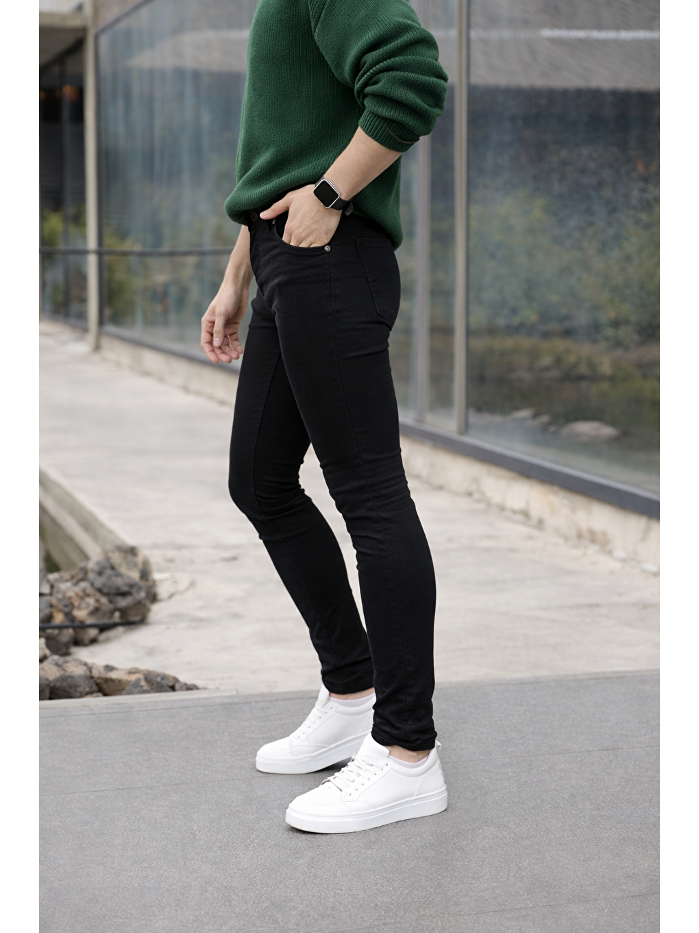 Siyah Erkek Pamuklu Basic Yüksek Bel Dar Füme Jean Pantolon-4