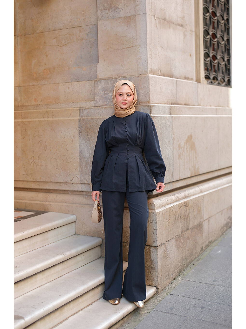 Kadın Beli Pens Detaylı Takım Lacivert