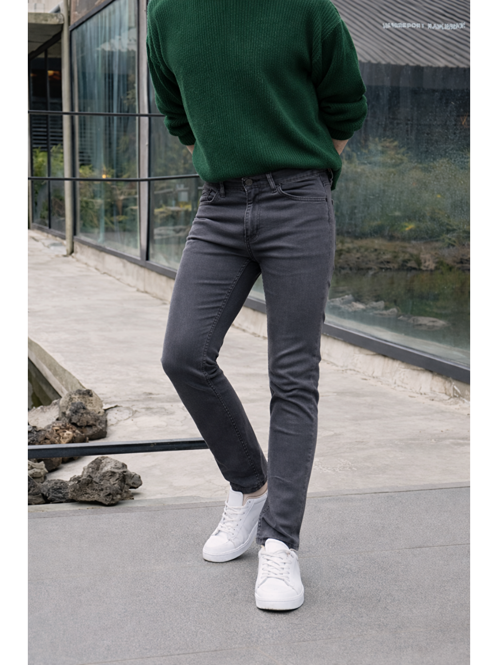 Gri Erkek Yüksek Bel Dar Premium Füme Jean Pantolon-1