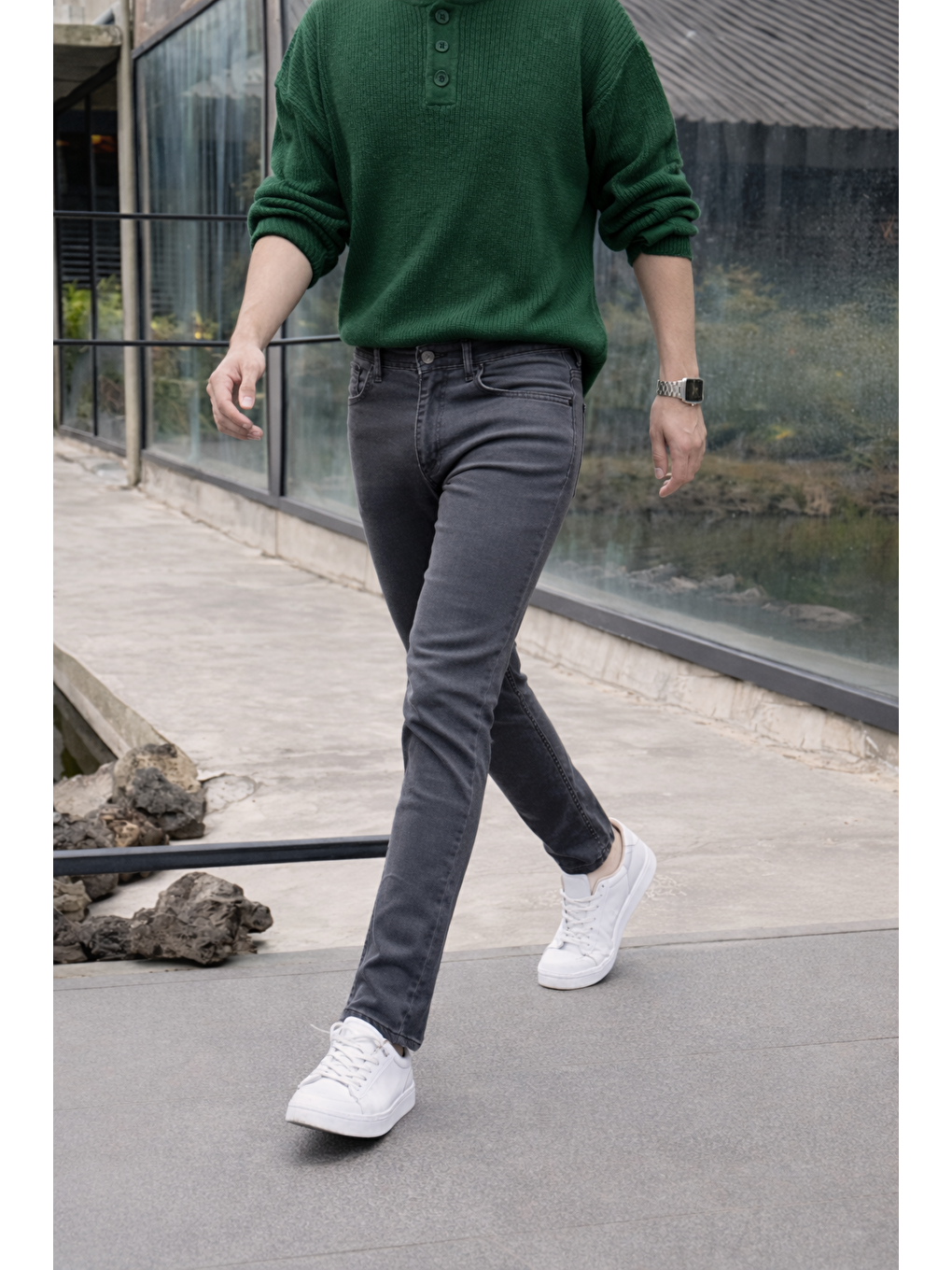 Gri Erkek Yüksek Bel Dar Premium Füme Jean Pantolon-2
