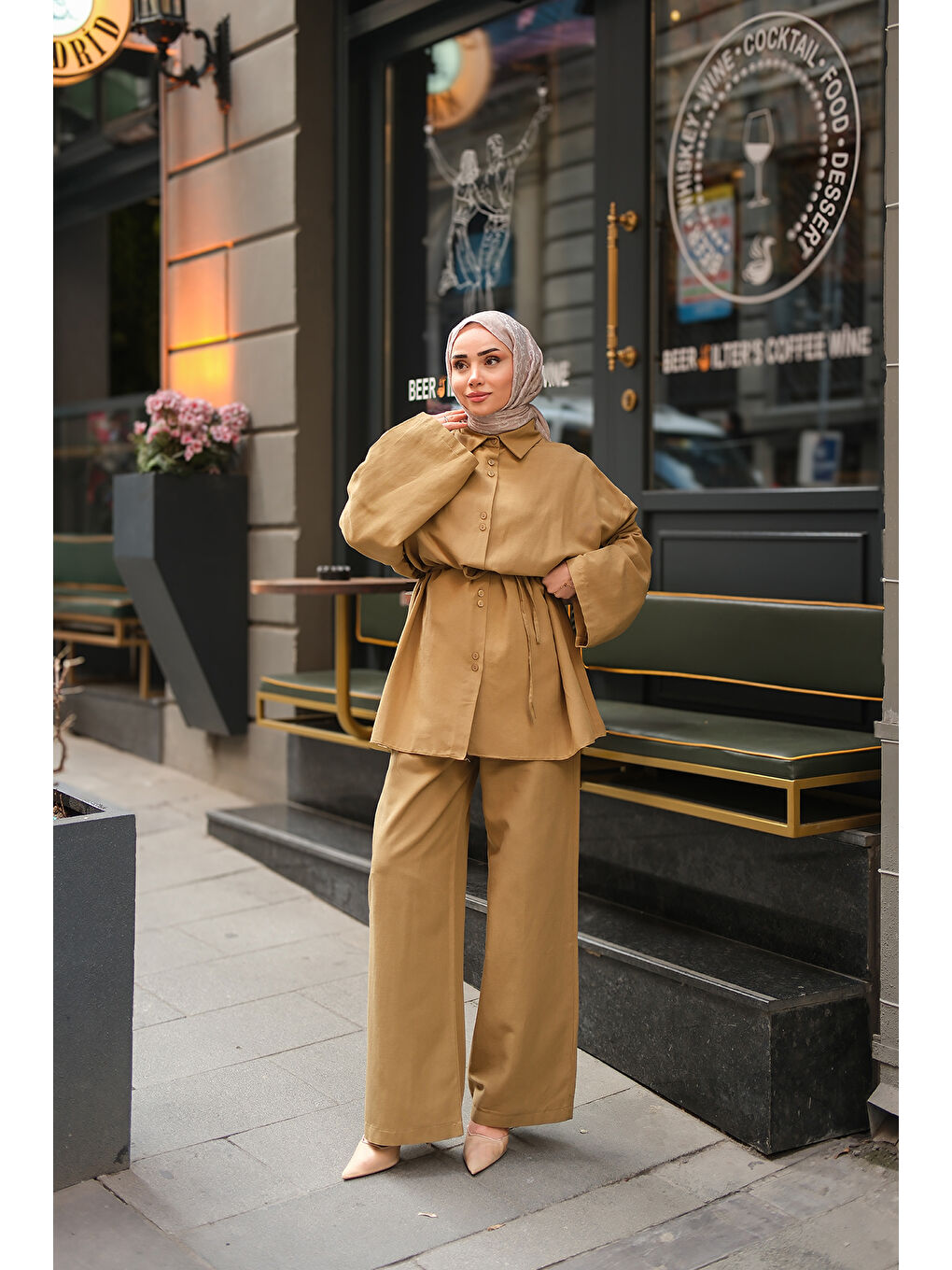 Kadın Çift Düğme Detaylı Takım Yağ Yeşil-1