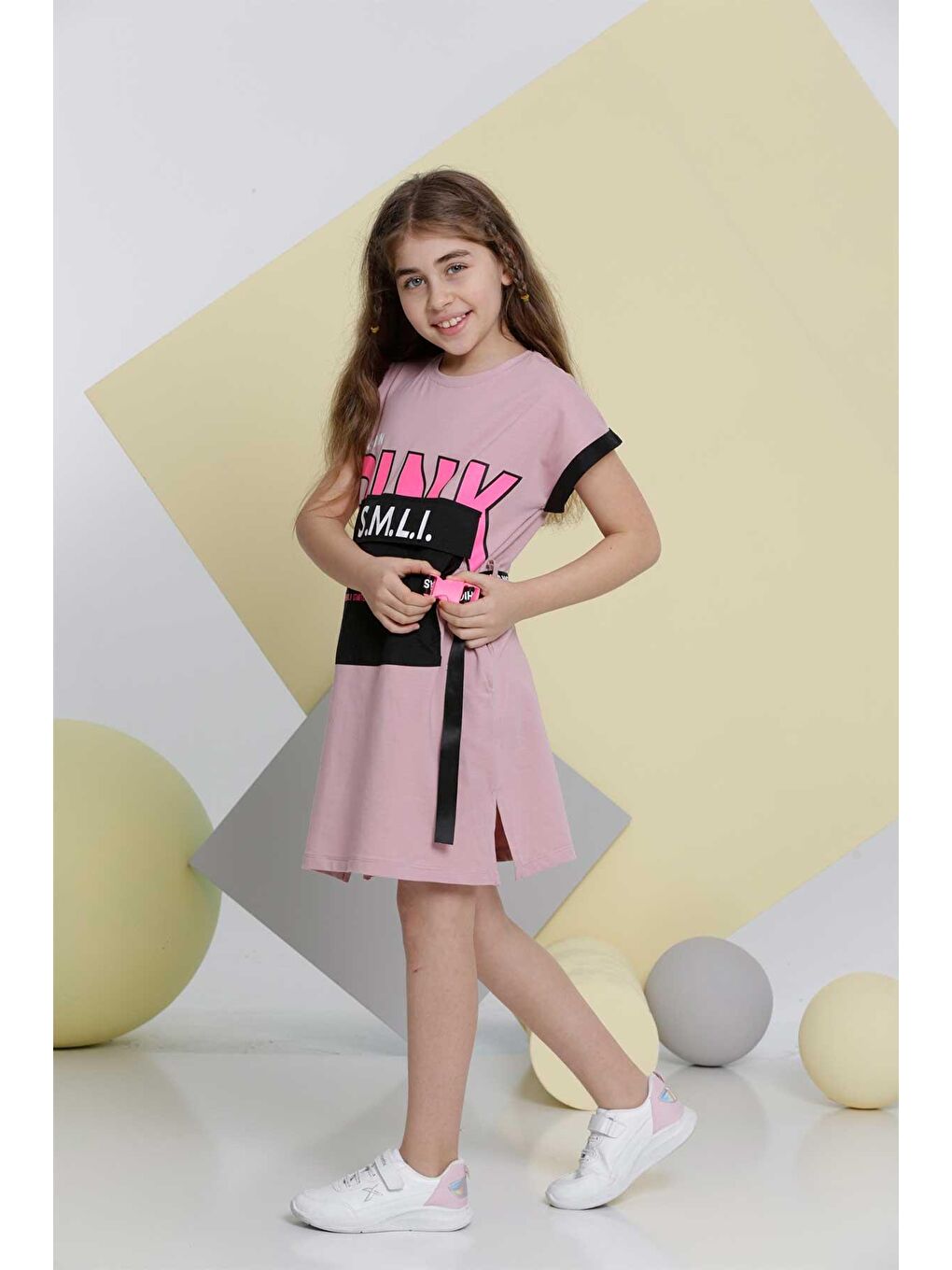 Pembe Pink SMLI Baskılı Kız Çocuk Yazlık Elbise Rahat Kesim