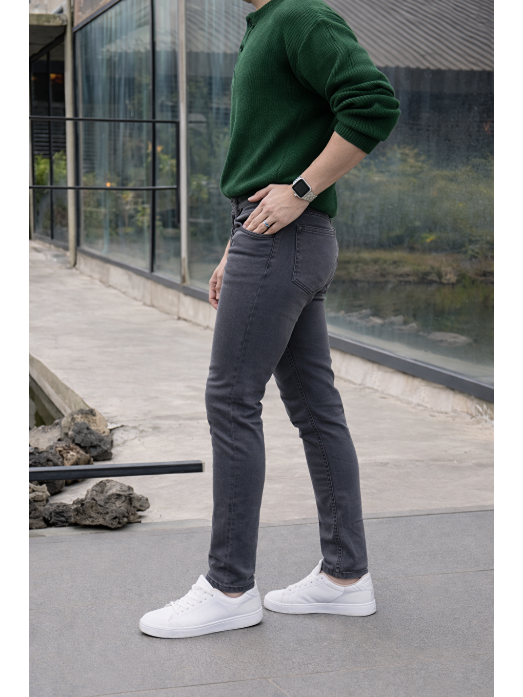 Gri Erkek Yüksek Bel Dar Premium Füme Jean Pantolon-4