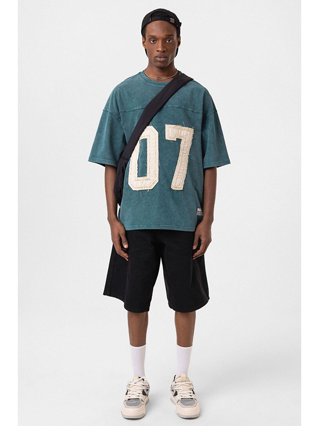 Yıkamalı Baskılı Oversize Tişört Petrol