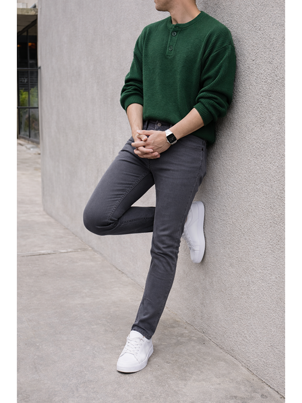 Gri Erkek Yüksek Bel Dar Premium Füme Jean Pantolon-5