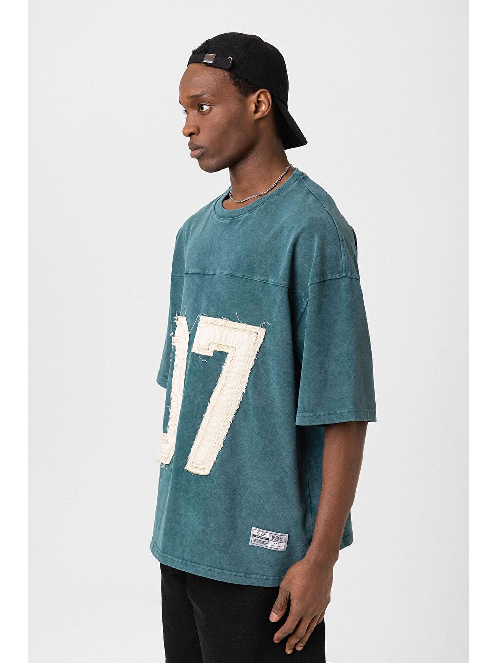 Yıkamalı Baskılı Oversize Tişört Petrol-3