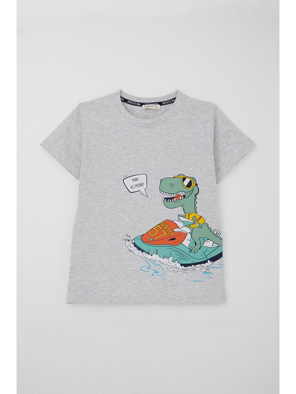 Erkek Çocuk Şortlu Takım Jetski Tutkunu Havalı Dinozor Baskılı Açık Gri Melanj (5-9 Yaş)-1