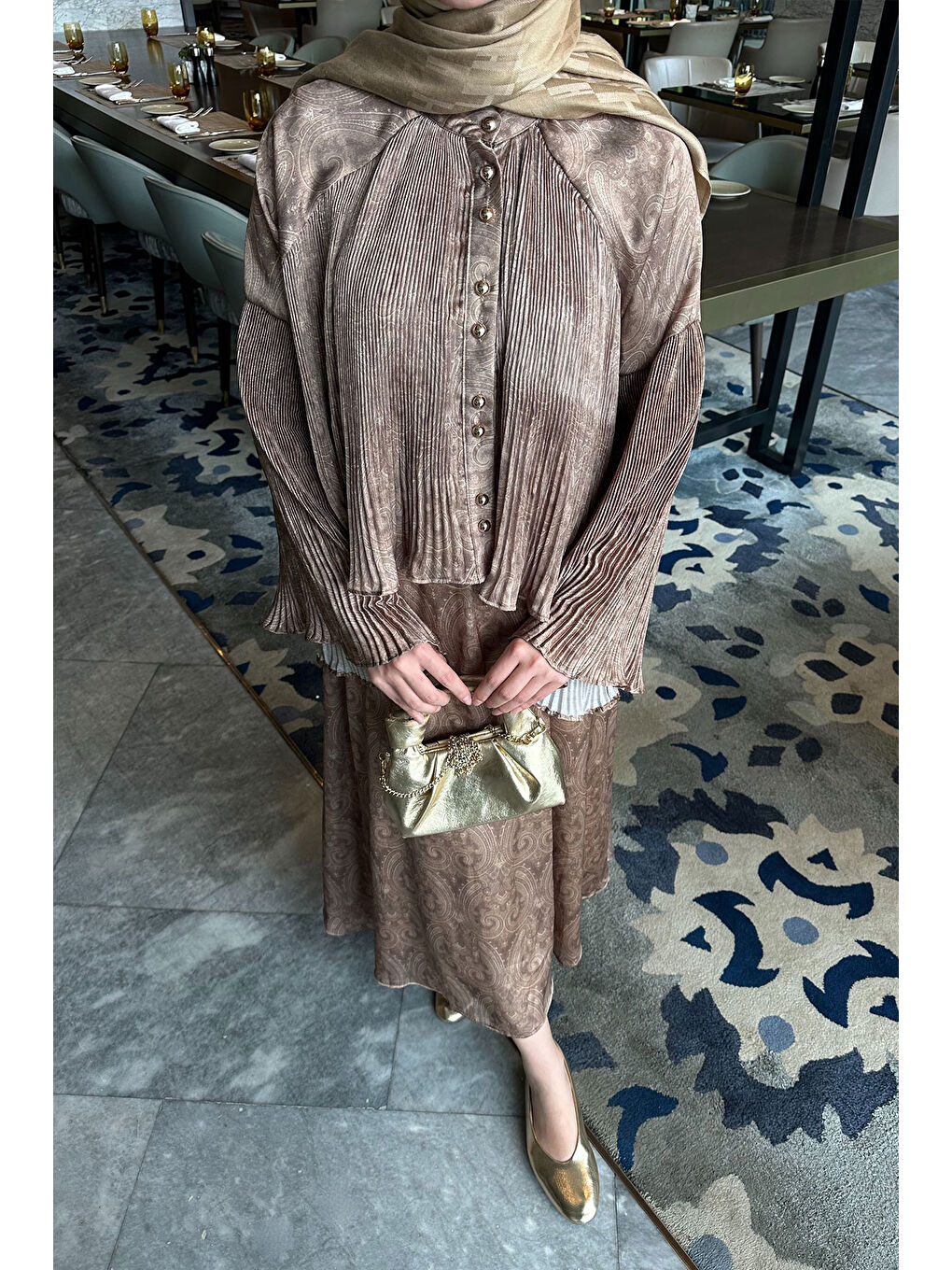 Kadın Freddy Desenli Piliseli Etekli Takım Yağ Yeşil-3