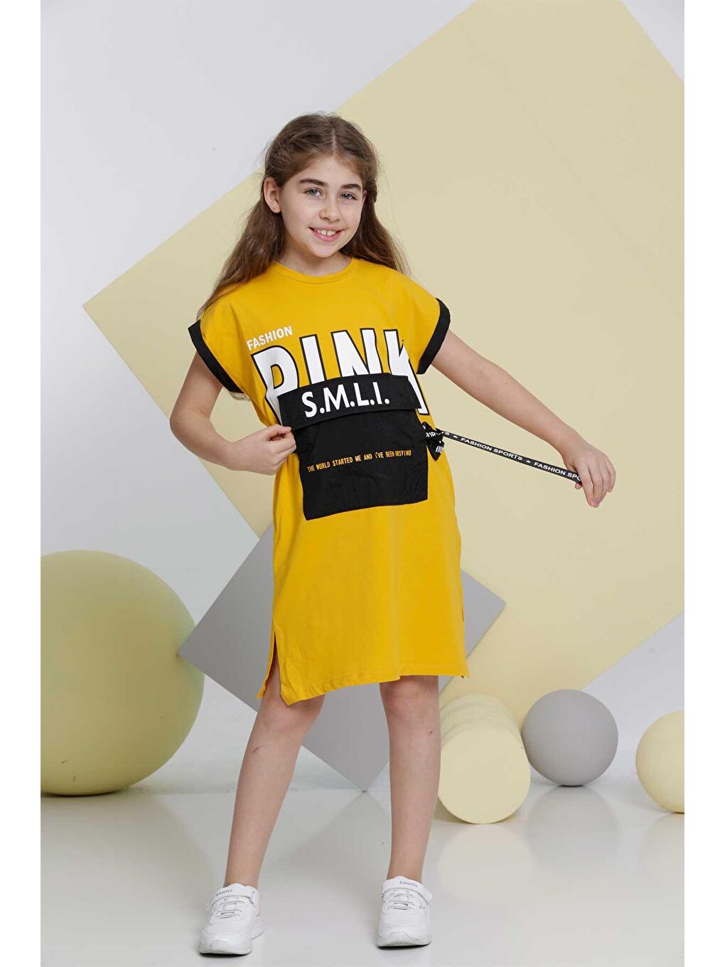 Sarı Pink SMLI Baskılı Kız Çocuk Yazlık Elbise Rahat Kesim