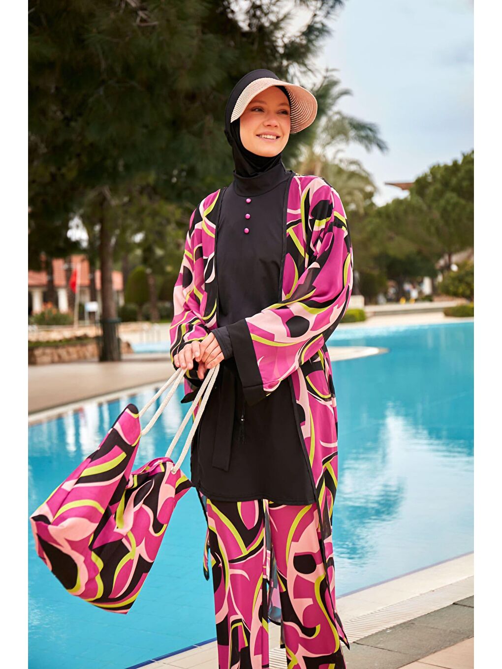 Marina Fuşya Desenli Fuşya Kimono Kaftan P2413 - 2