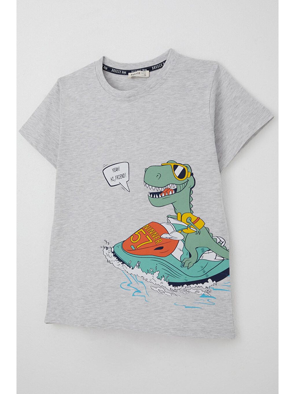 Erkek Çocuk Şortlu Takım Jetski Tutkunu Havalı Dinozor Baskılı Açık Gri Melanj (5-9 Yaş)-5