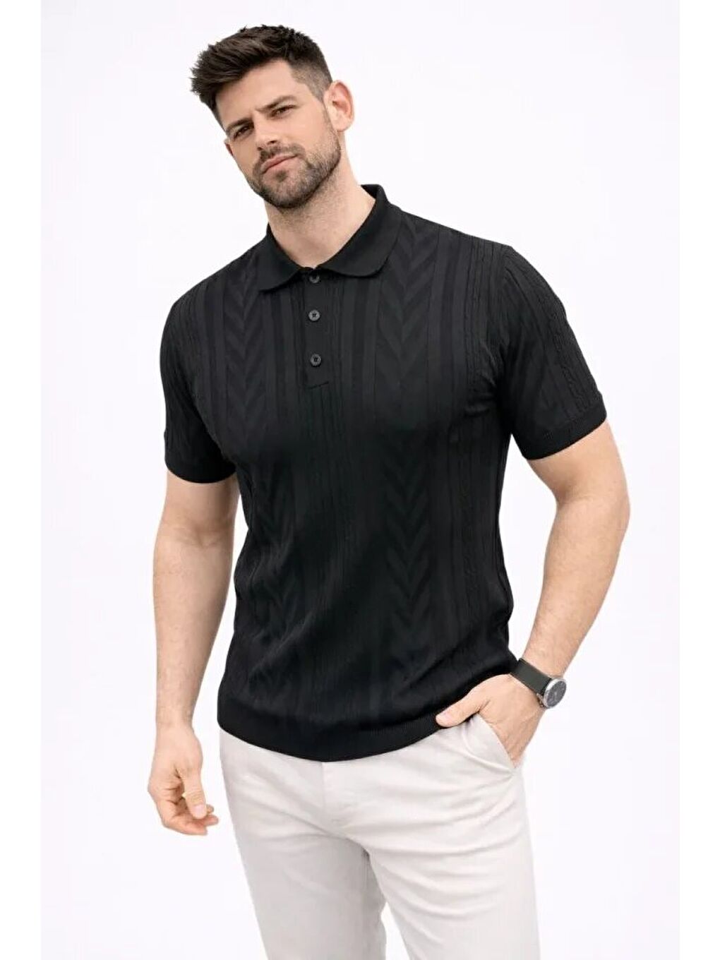 Siyah Erkek Yazlık Triko Tişört-3