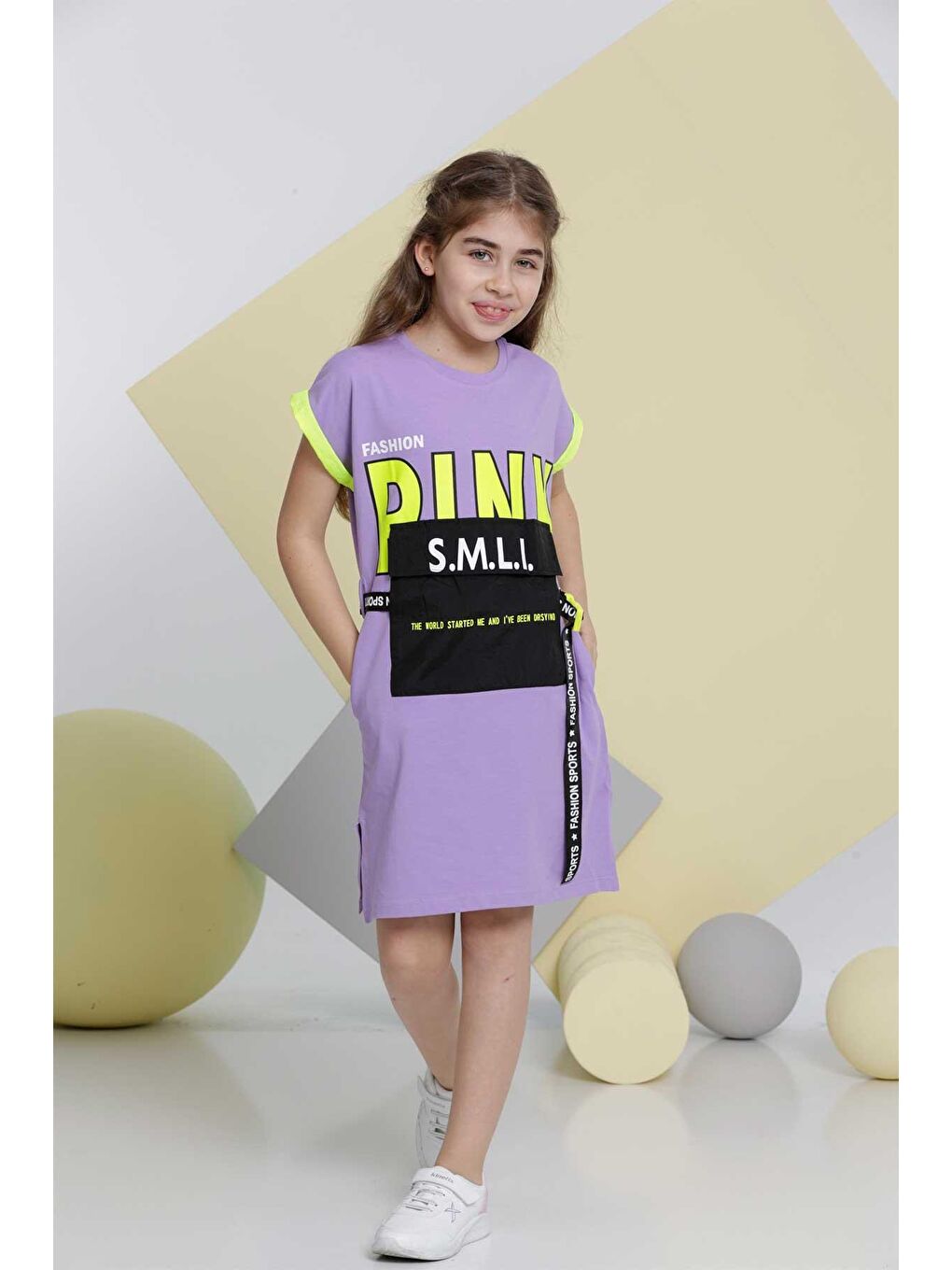 Lila Pink SMLI Baskılı Kız Çocuk Yazlık Elbise Rahat Kesim