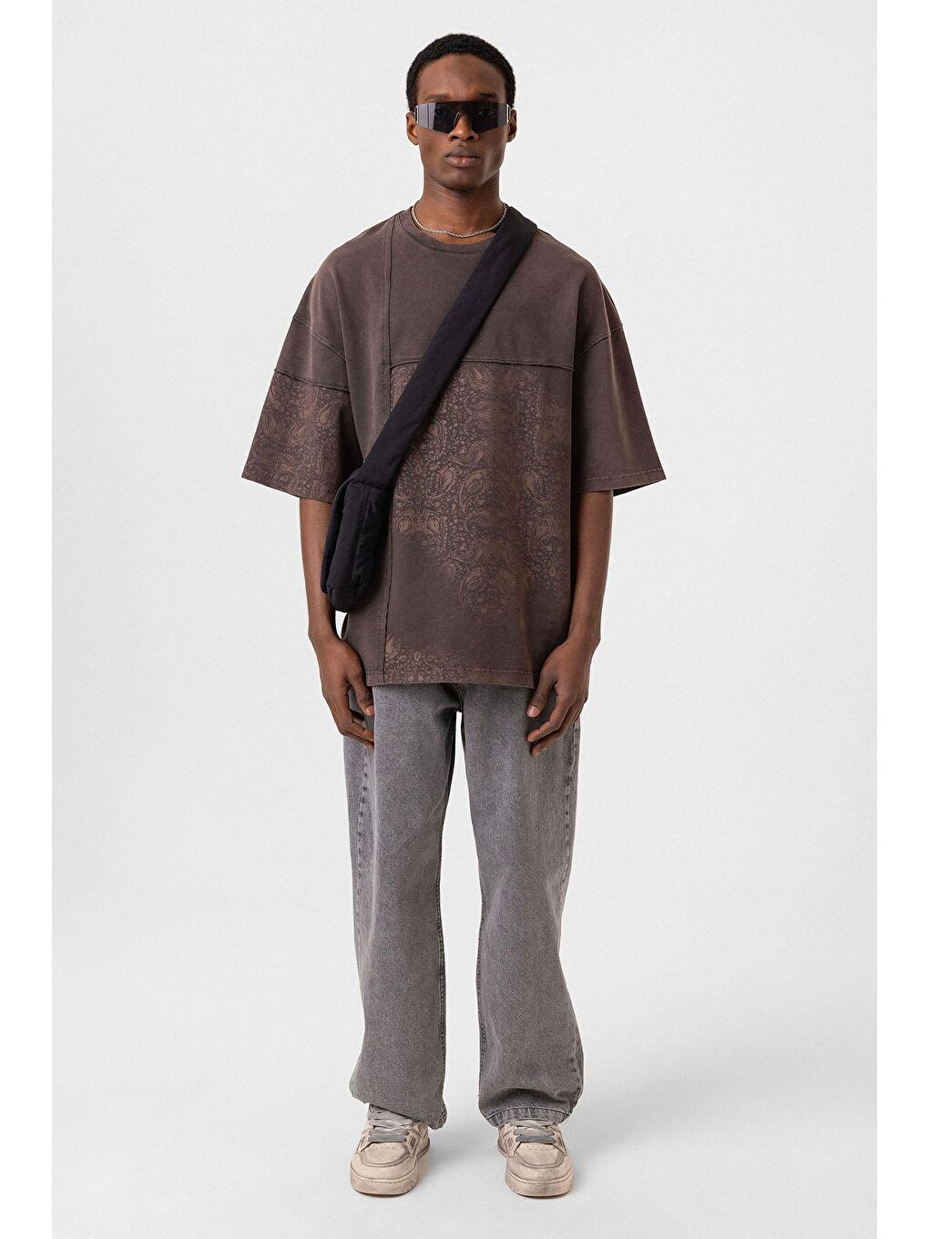 Kahverengi Bisiklet Yaka Yıkamalı Oversize Tişört Kahve