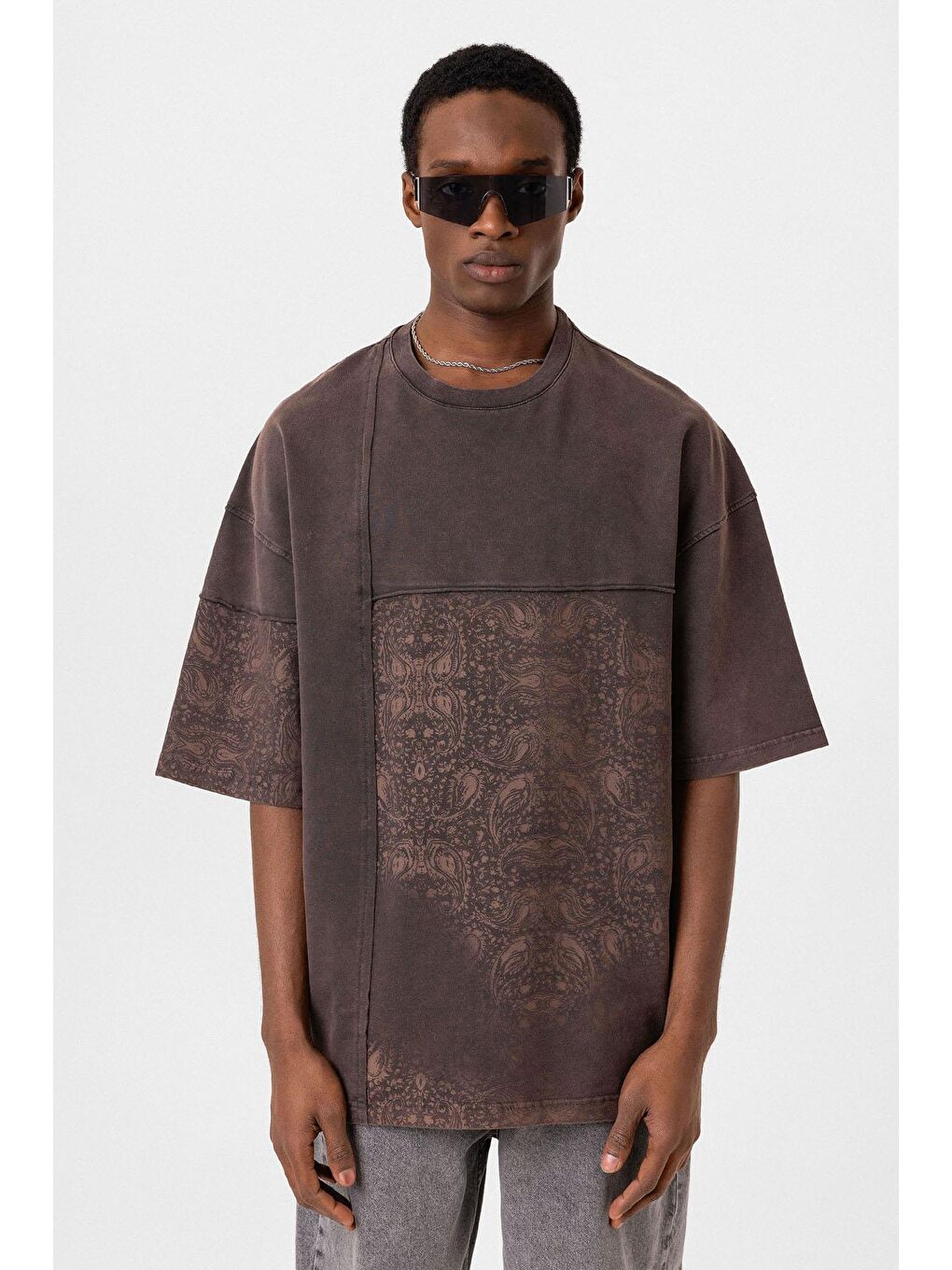 Kahverengi Bisiklet Yaka Yıkamalı Oversize Tişört Kahve-2