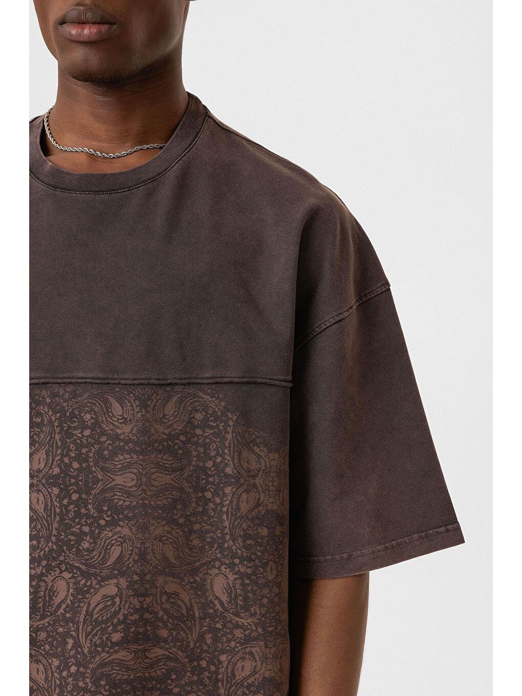 Kahverengi Bisiklet Yaka Yıkamalı Oversize Tişört Kahve-5