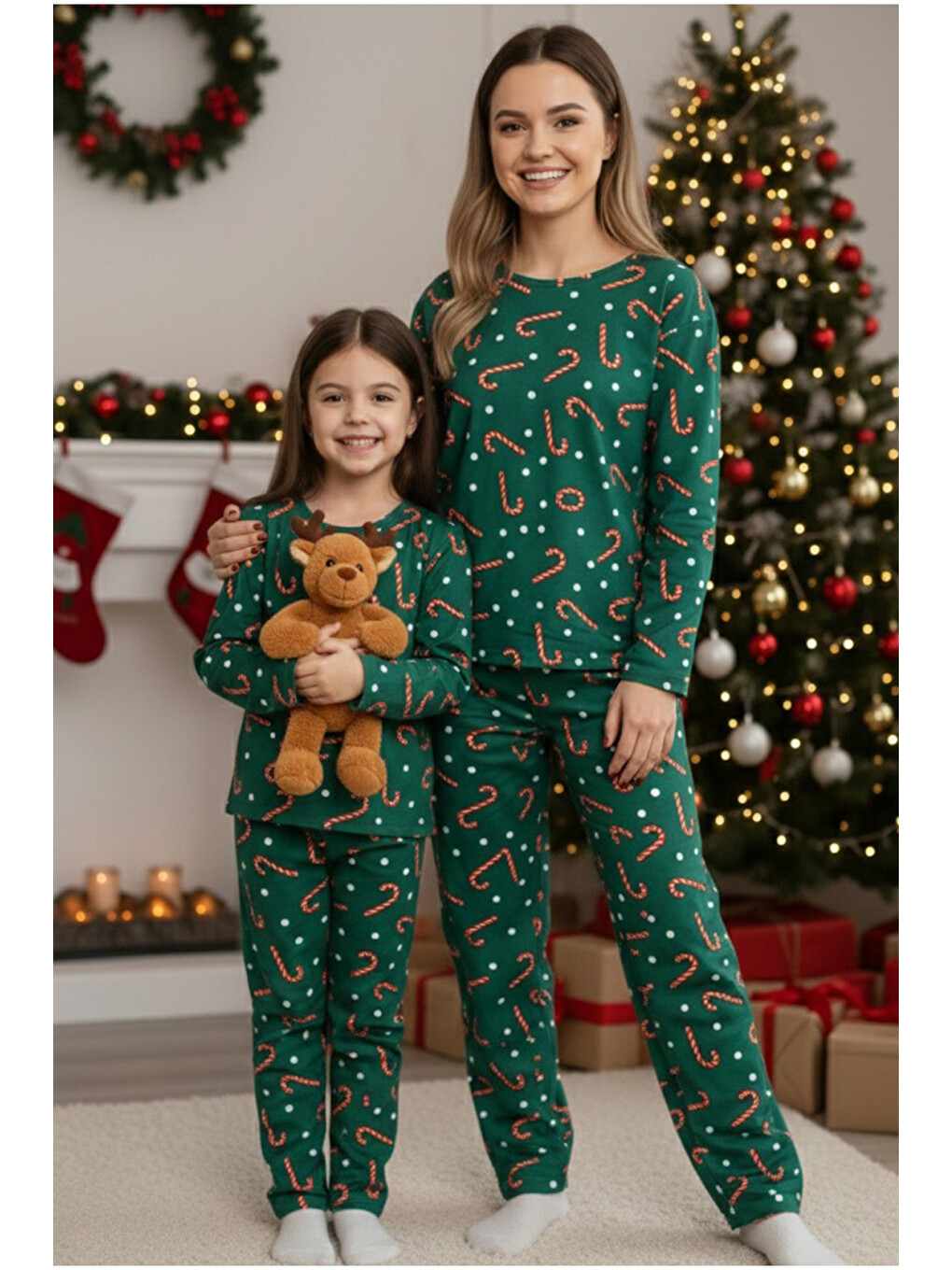 Yeşil %100 Pamuklu Şeker Baston Desenli Yılbaşı Temalı Örme Pijama Takım-1
