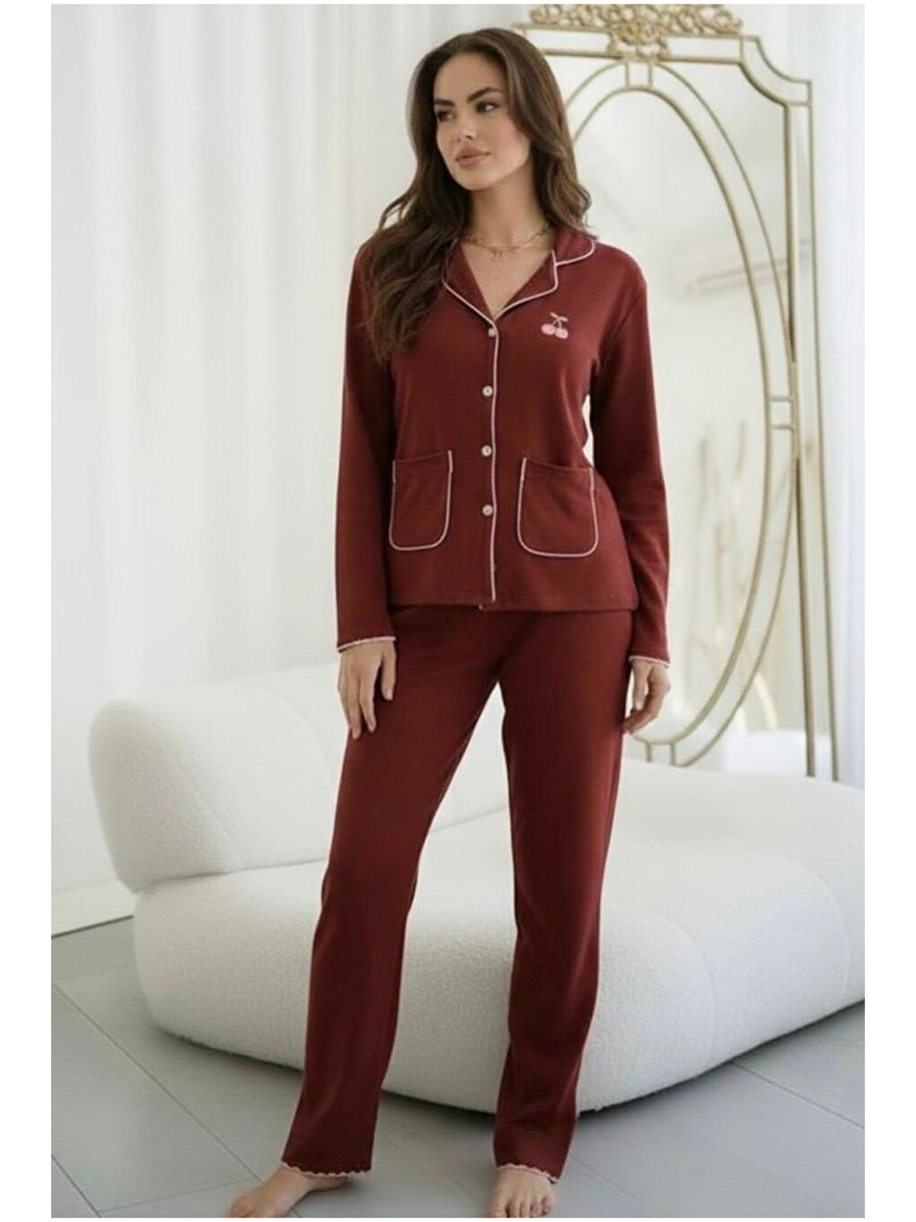 Kahverengi Kiremit Kiraz Nakışlı Cepli Bürümcük-krınkıl Uzun Kollu Düğmeli Örme Pijama Takım-1