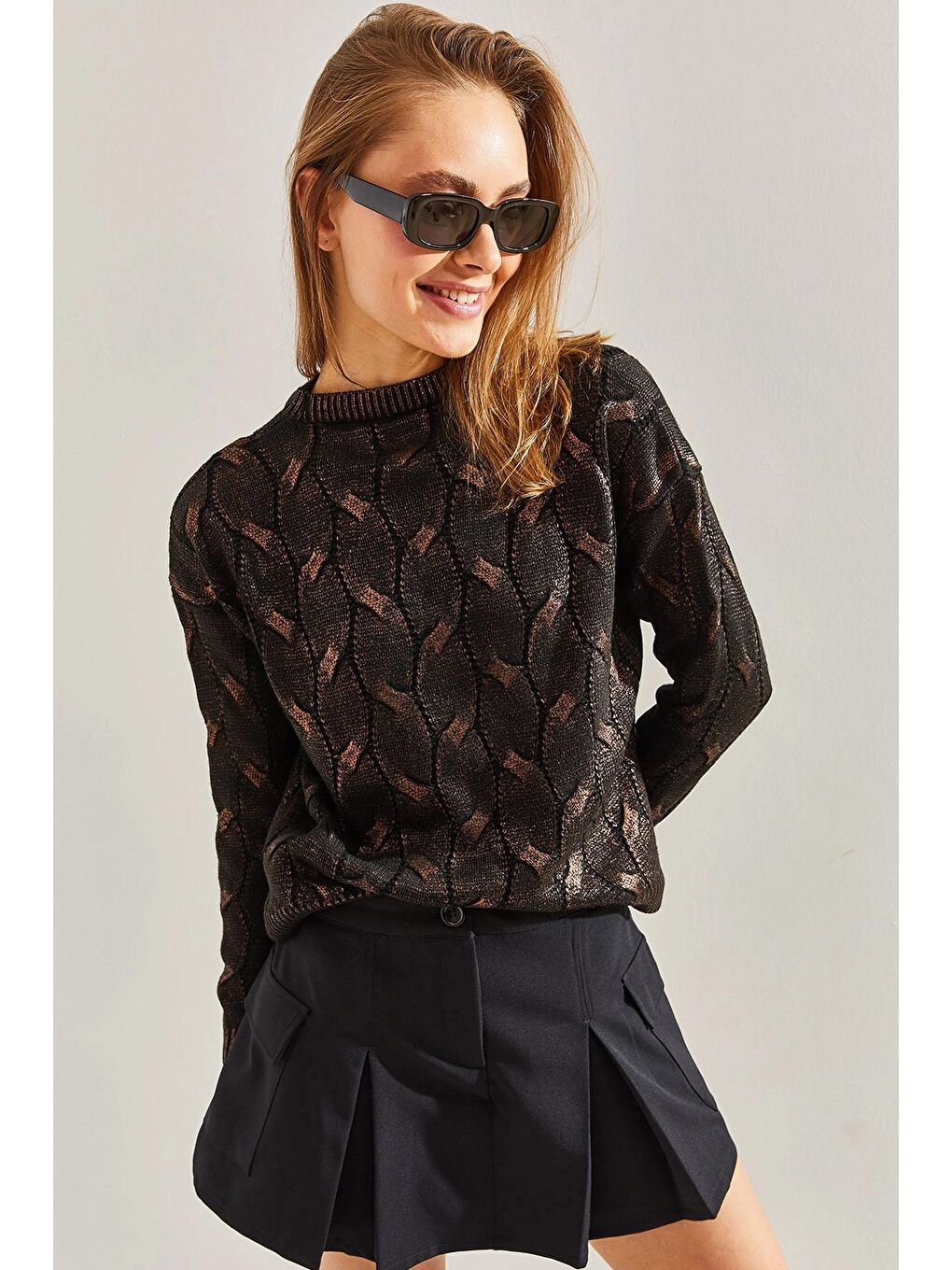 Siyah Kadın Desenli Triko Kazak-1