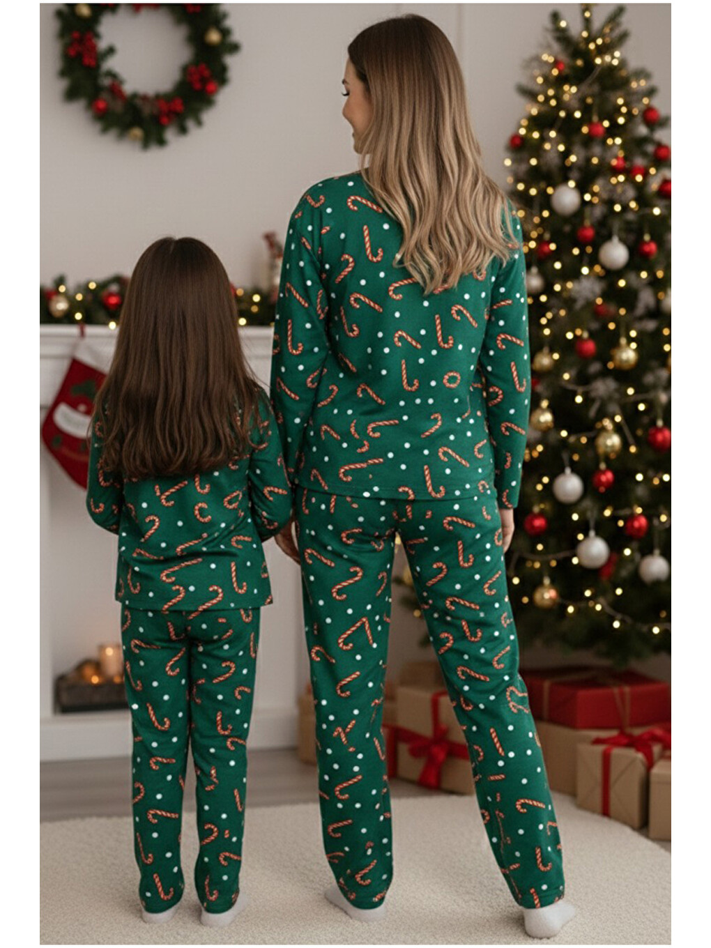 Yeşil %100 Pamuklu Şeker Baston Desenli Yılbaşı Temalı Örme Pijama Takım-2