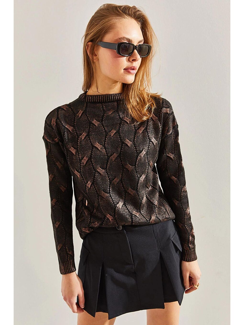 Siyah Kadın Desenli Triko Kazak-3