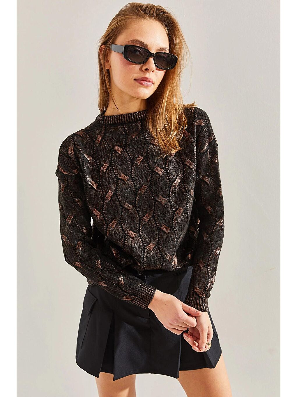 Siyah Kadın Desenli Triko Kazak-4